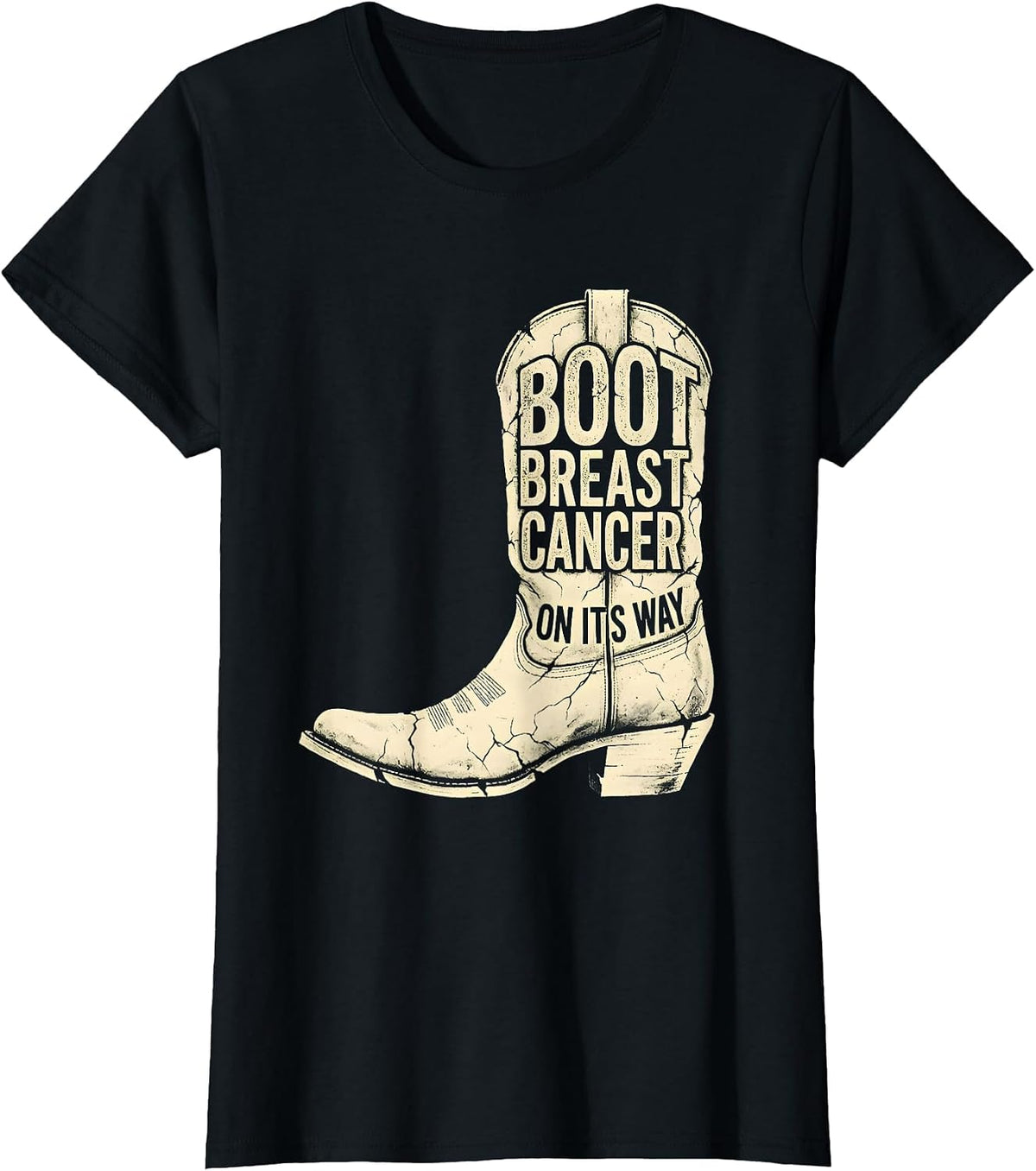 Women's Boot Breast Cancer On Its Way Boho Western Cowgirl Support T-Shirt - Black