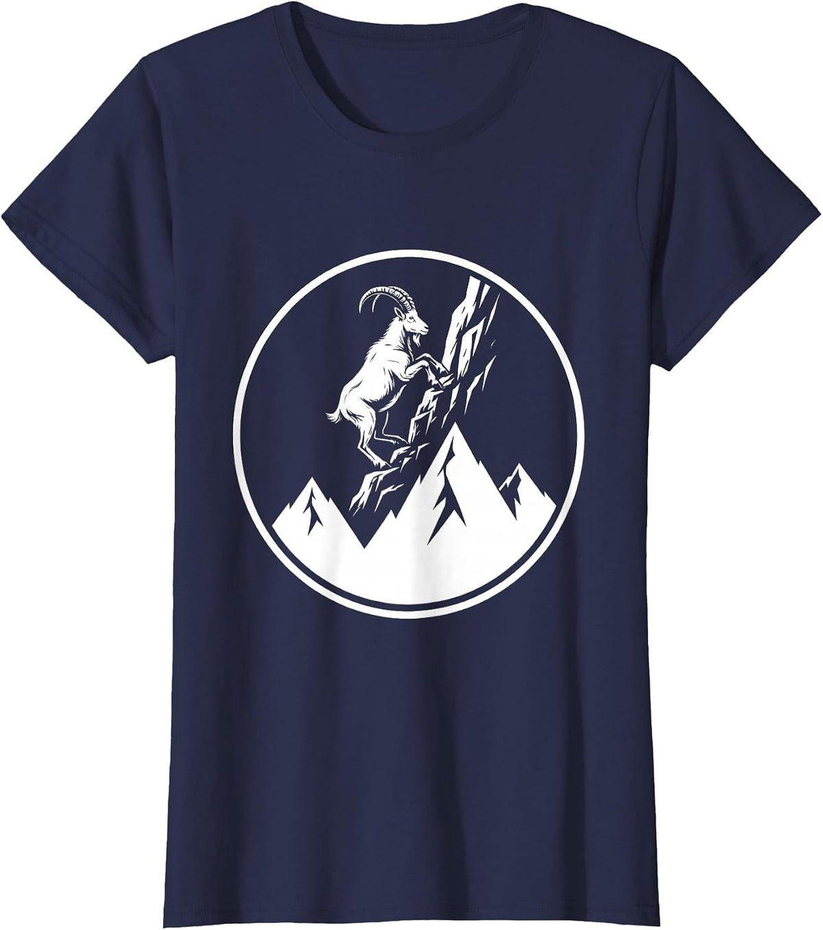 Women's Goat Climbing Snowy Mountain Summit Illustration T-Shirt - Navy Blue