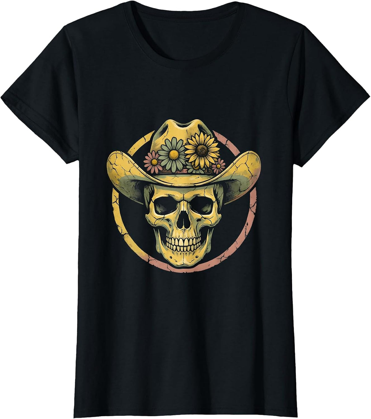 Floral Cowgirl Skull Western Women's Graphic Tee T-Shirt - Black