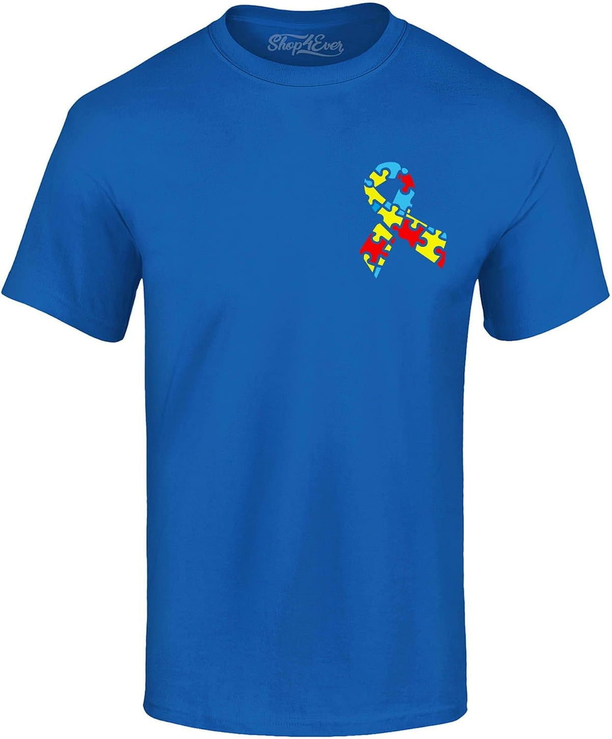 shop4ever Autism Awareness Pocket T-Shirt – Puzzle Ribbon Graphic Tee for Men & Women, Neurodiversity Acceptance Tee - Royal