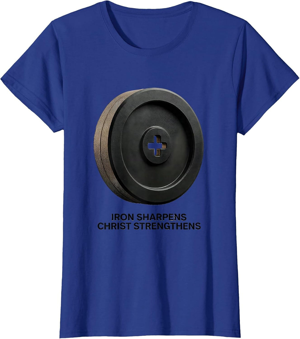 Women's Iron Sharpens, Christ Strengthens Faith Gym Christian T-Shirt - Royal Blue