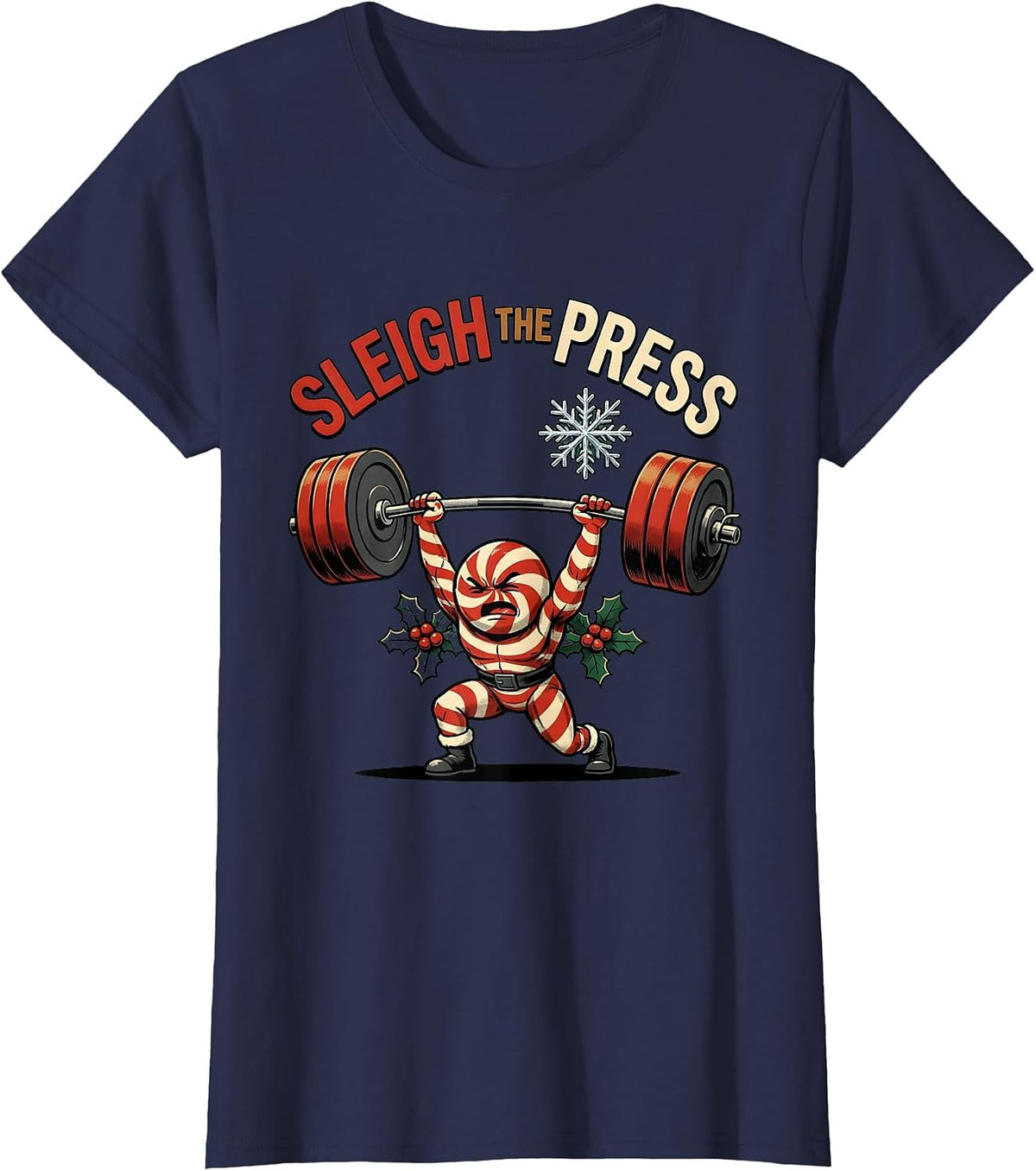 Women's Sleigh The Press Funny Christmas Gym Workout Weightlifting T-Shirt - Navy Blue