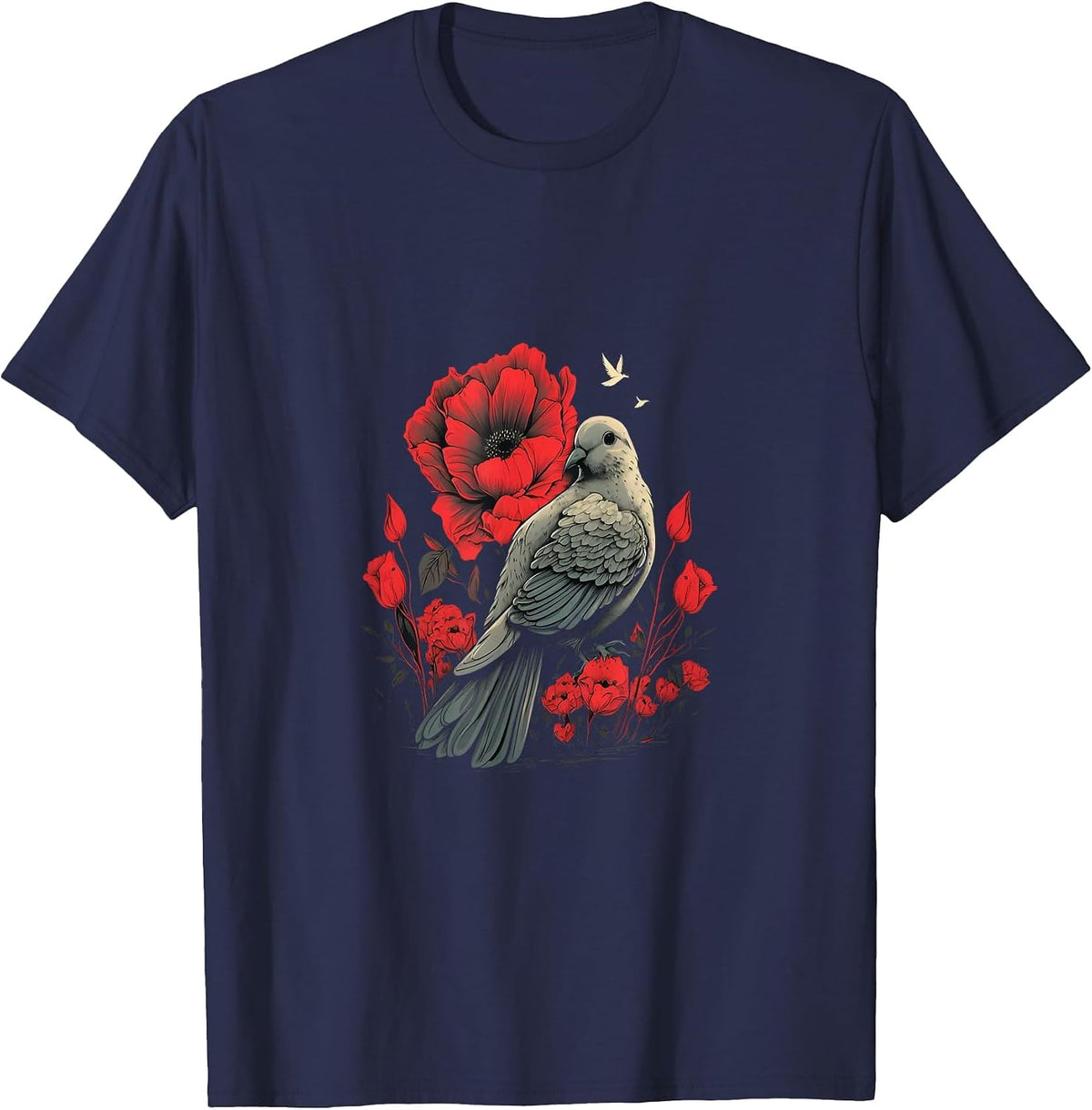 Memorial Day Red Poppy Flower Dove USA Flag 4th of July T-Shirt - Navy Blue