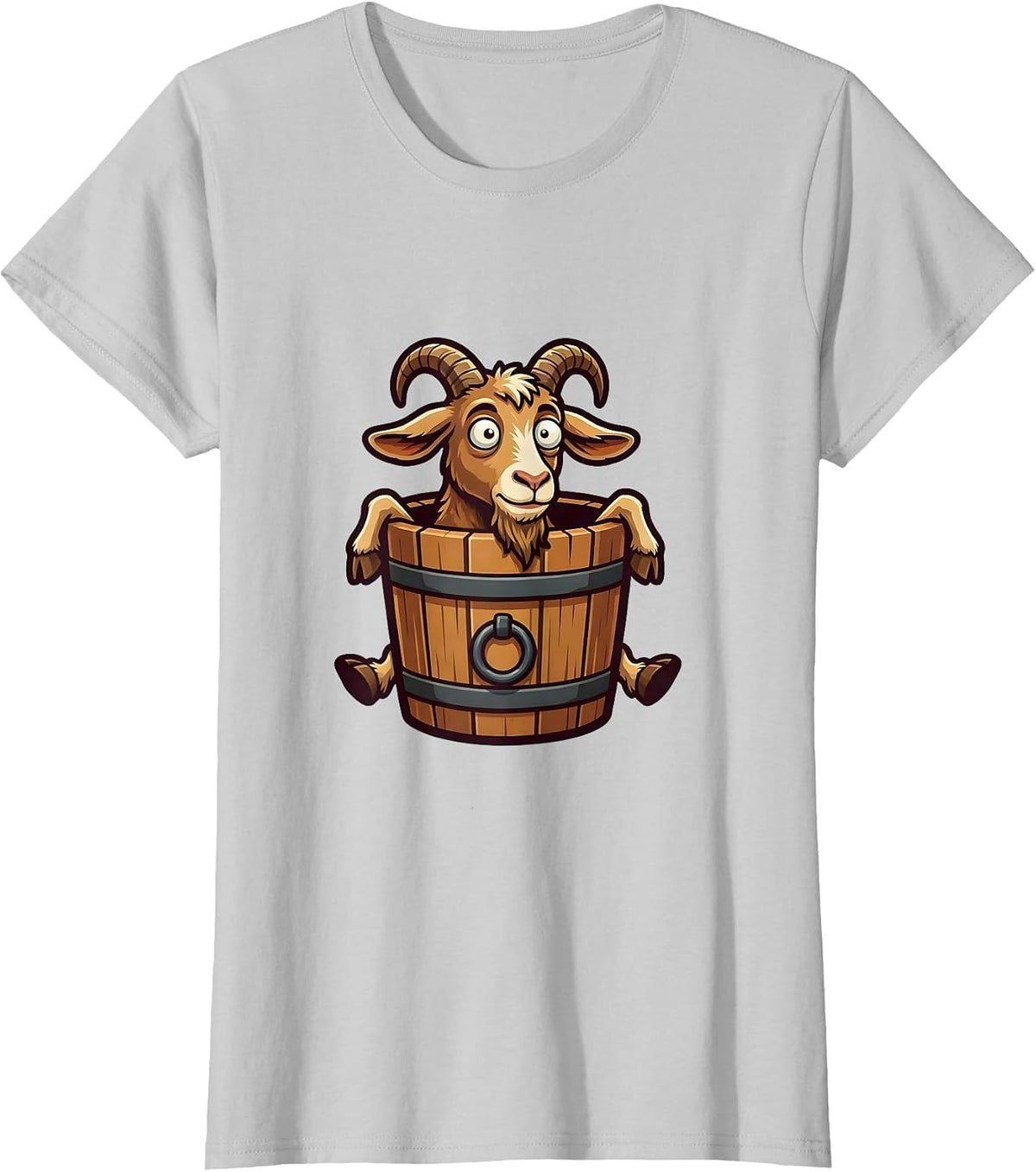 Women's Derpy Goat Stuck in a Bucket Funny Illustration T-Shirt - Silver Grey