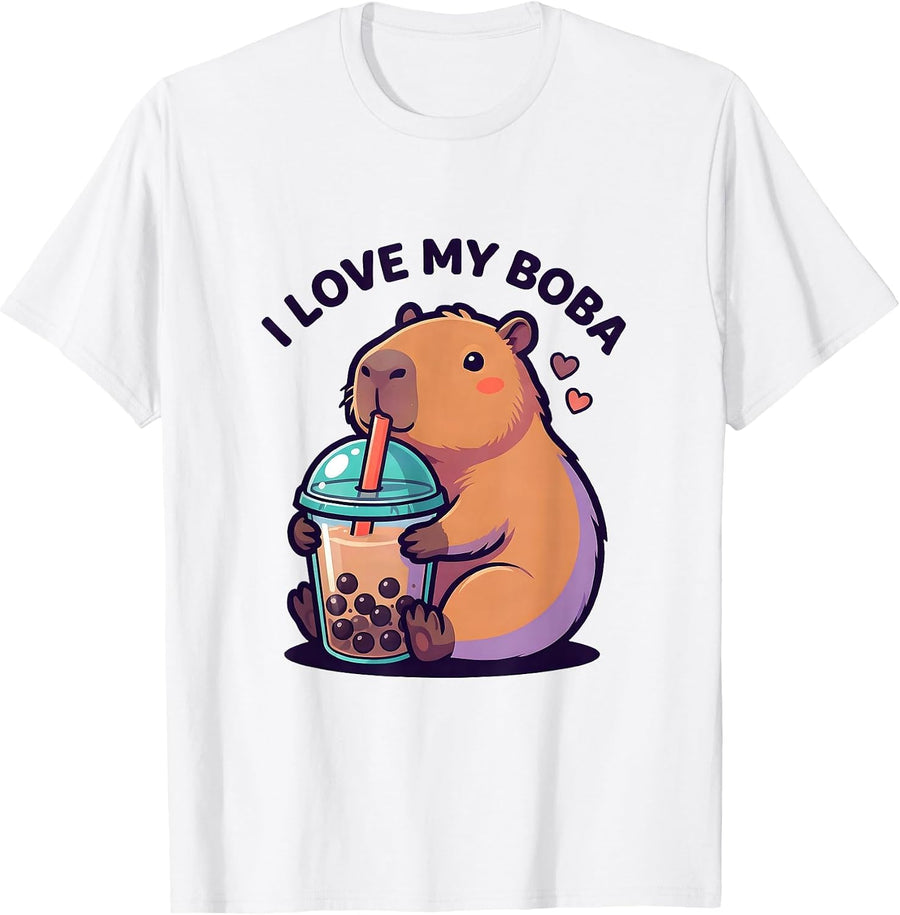 Men's I Love My Boba Cute Capybara Kawaii Anime Boba Tea Lover T-Shirt - White
