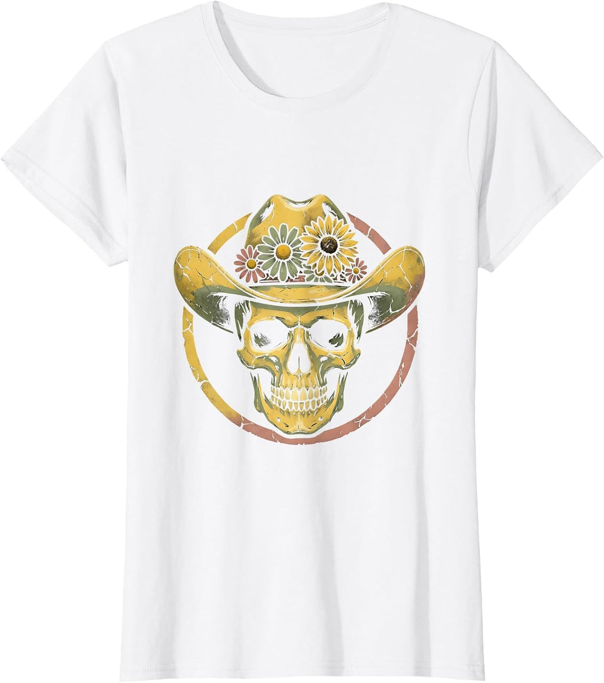 Floral Cowgirl Skull Western Women's Graphic Tee T-Shirt - White