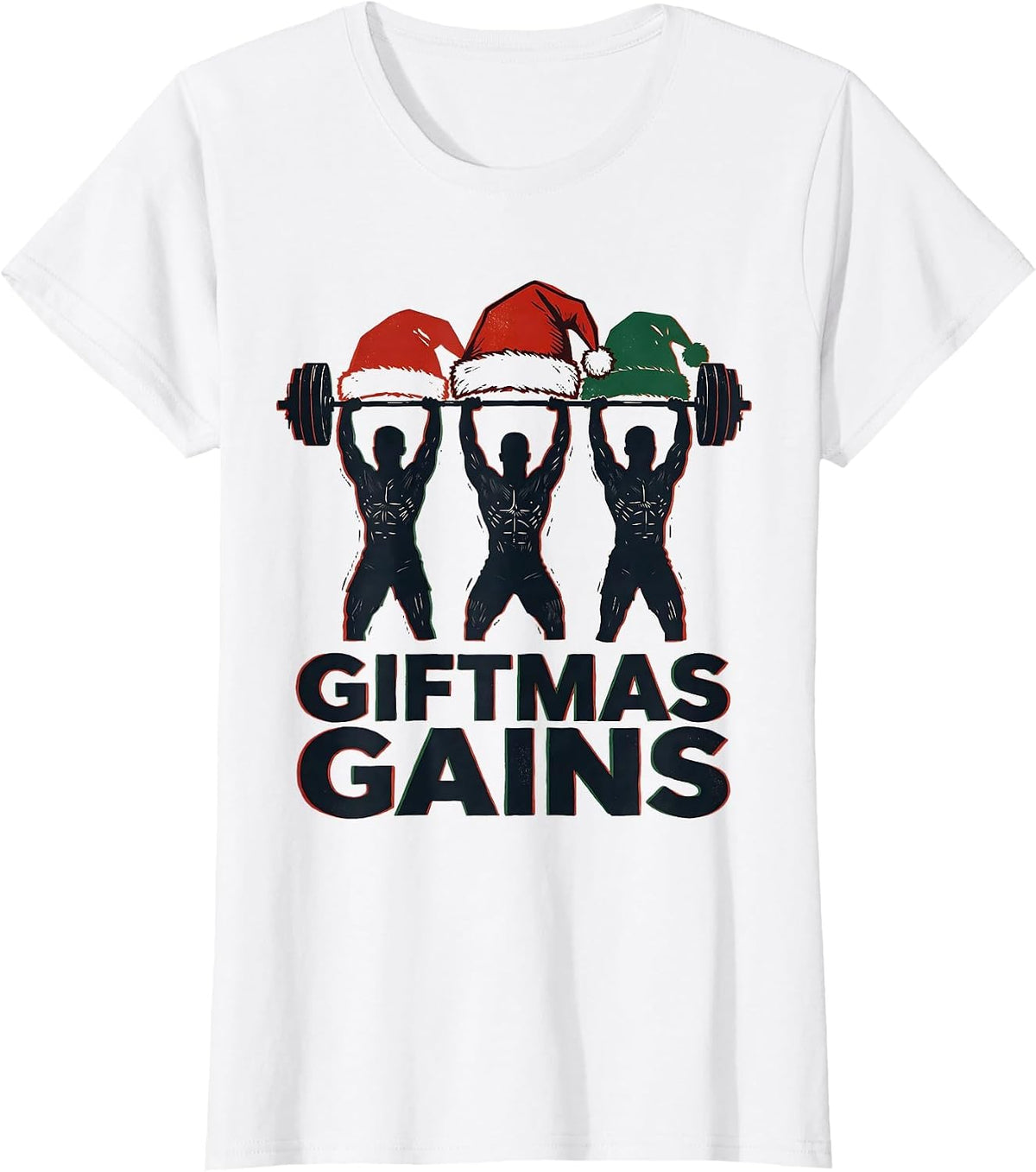 Women's Giftmas Gains Linocut Funny Christmas Gym Weightlifting T-Shirt - White