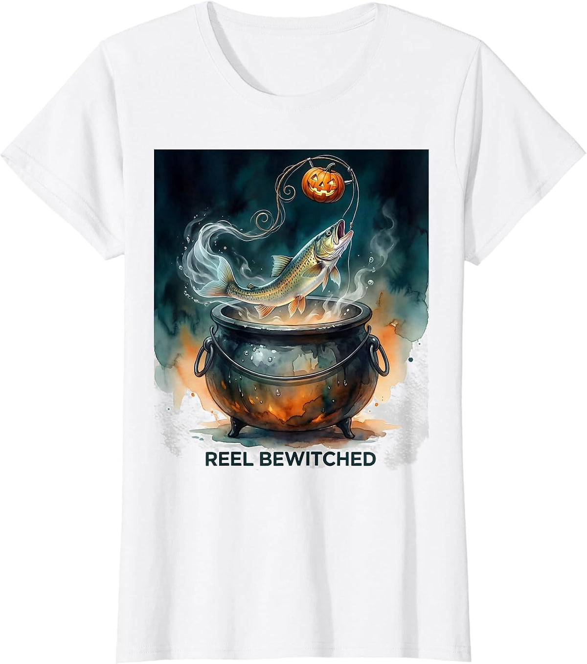 Reel Bewitched Watercolor Halloween Fishing Ghost Trout T-Shirt - White