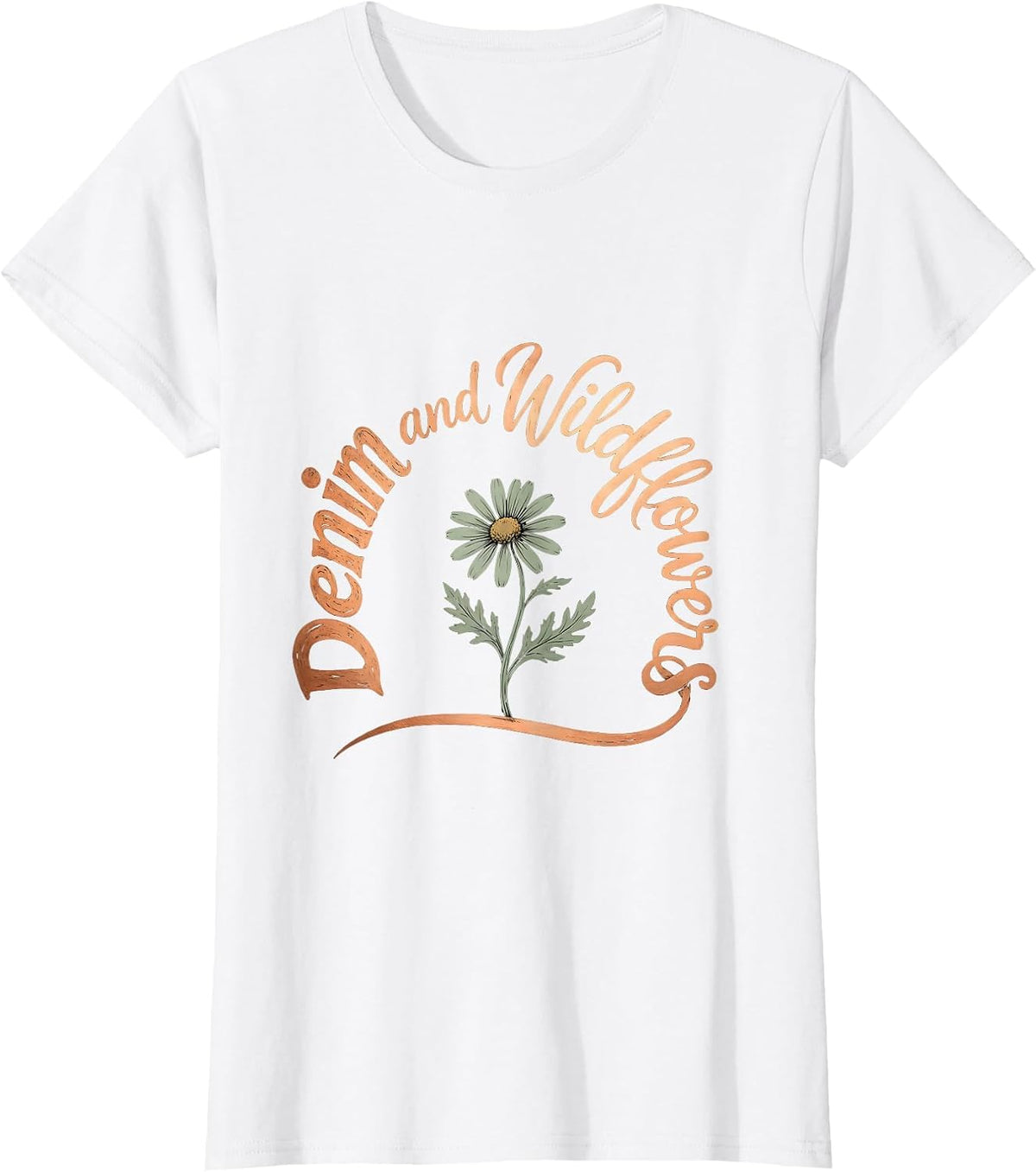 Women's Denim and Wildflowers Boho Typography Denim and Flower T-Shirt - White