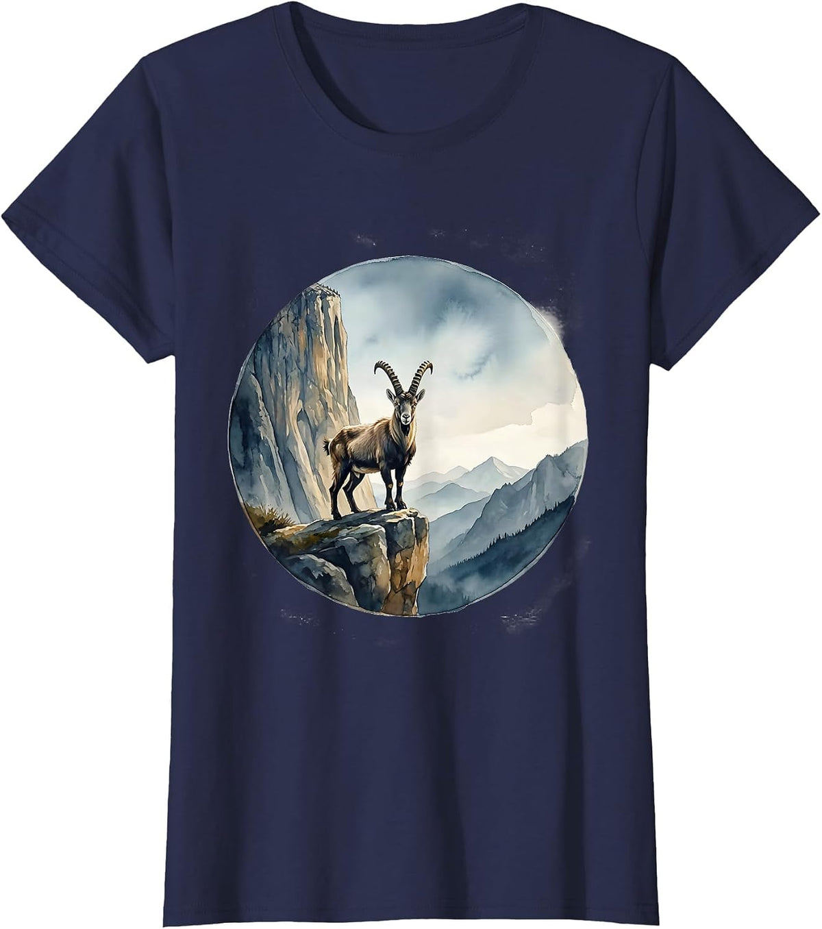 Women's Be Still Mountain Goat Cliff Ledge Illustration T-Shirt - Navy Blue