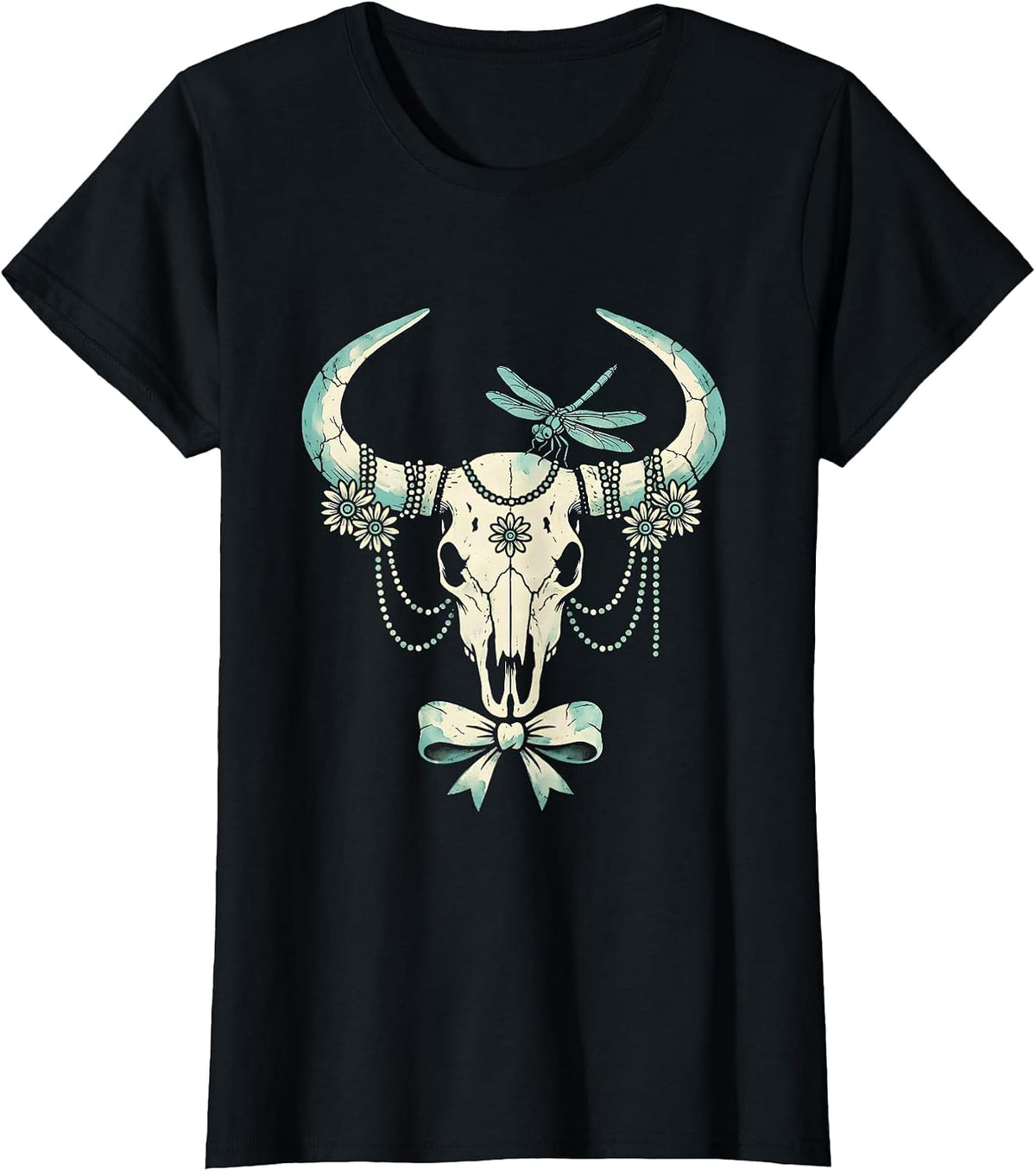 Longhorn Skull with Turquoise Beads Western Design T-Shirt - Black