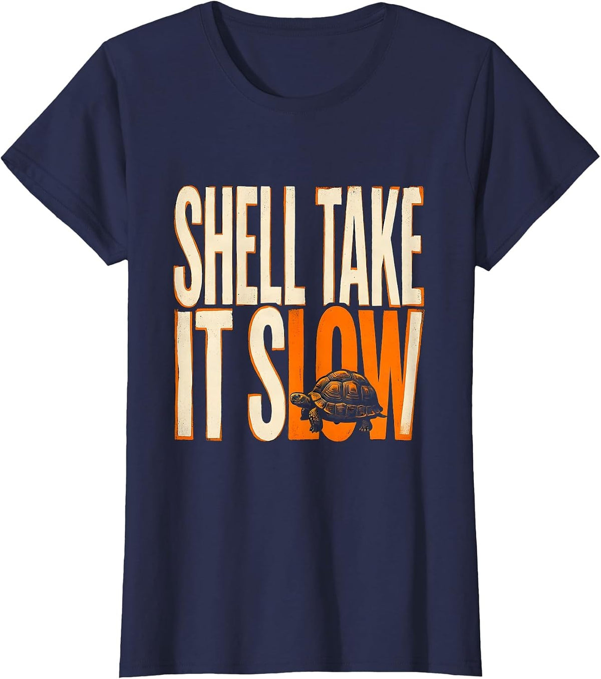 Women's Shell Take It Slow Stencil Graphic Turtle Lover Humor T-Shirt - Navy Blue