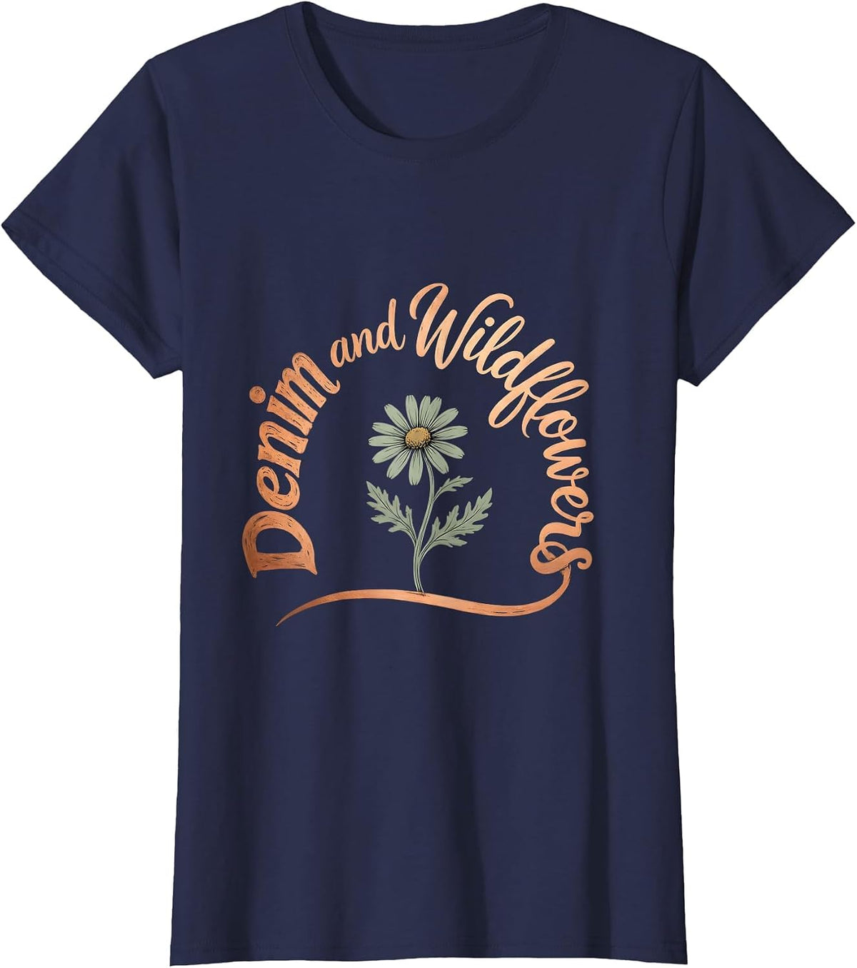 Women's Denim and Wildflowers Boho Typography Denim and Flower T-Shirt - Navy Blue