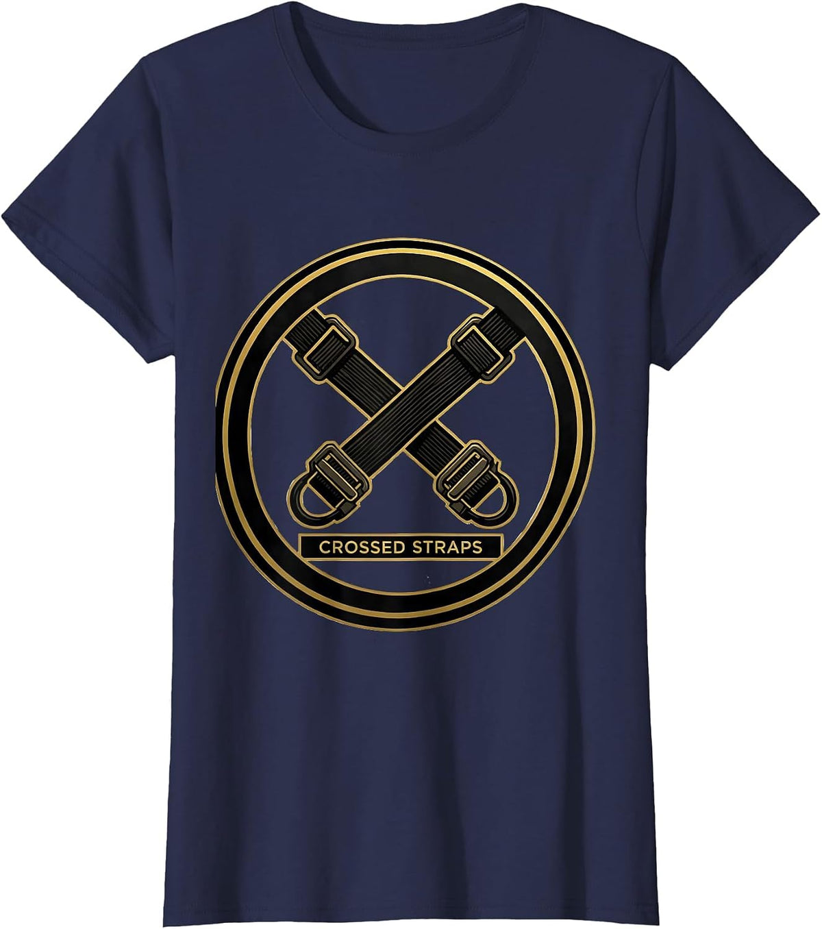 Women's Costume Crest Crossed Straps Funny Gym Workout Halloween Pun T-Shirt - Navy Blue
