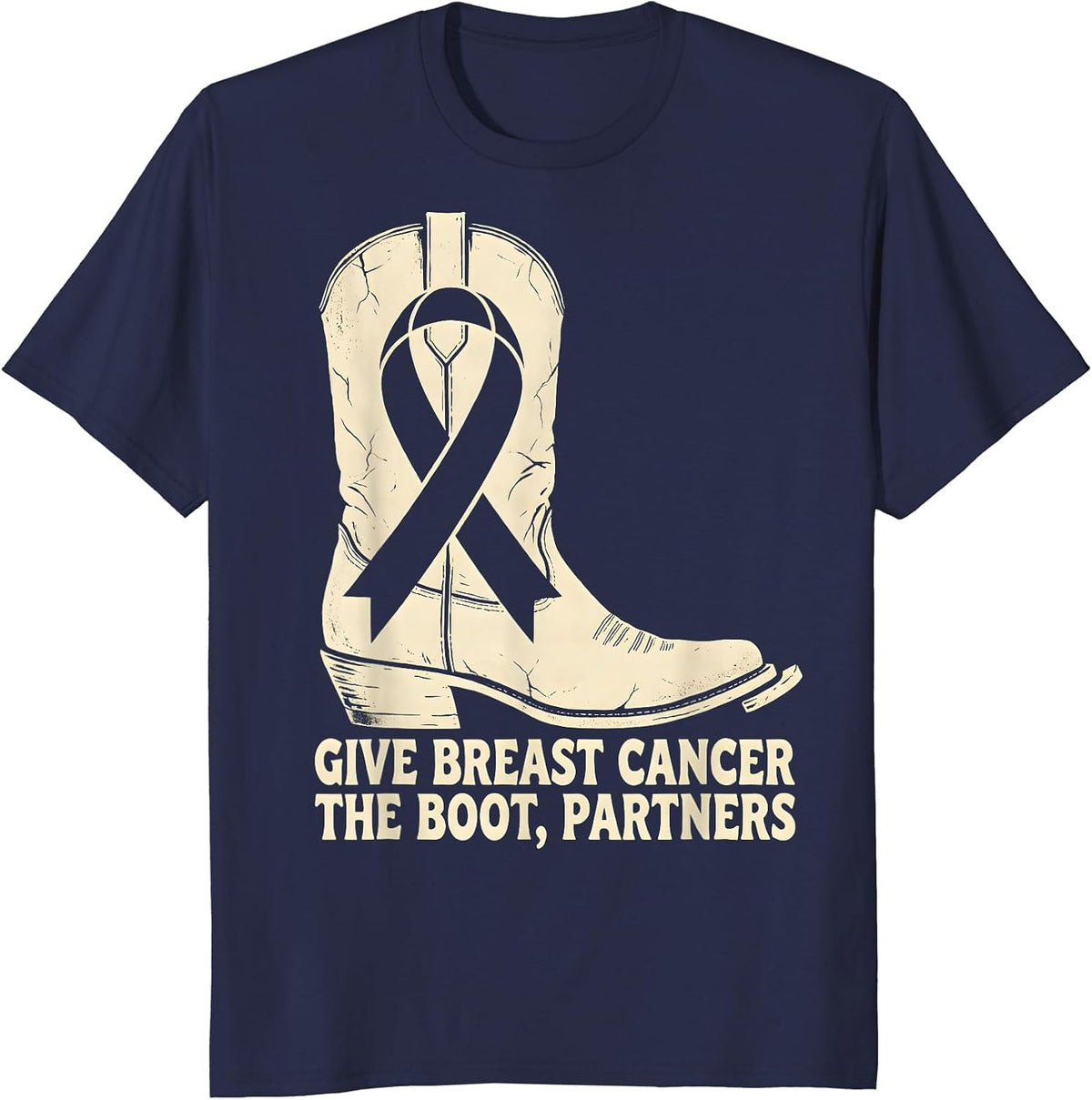 Give Breast Cancer The Boot Partners Boho Western Cowgirl T-Shirt - Navy Blue