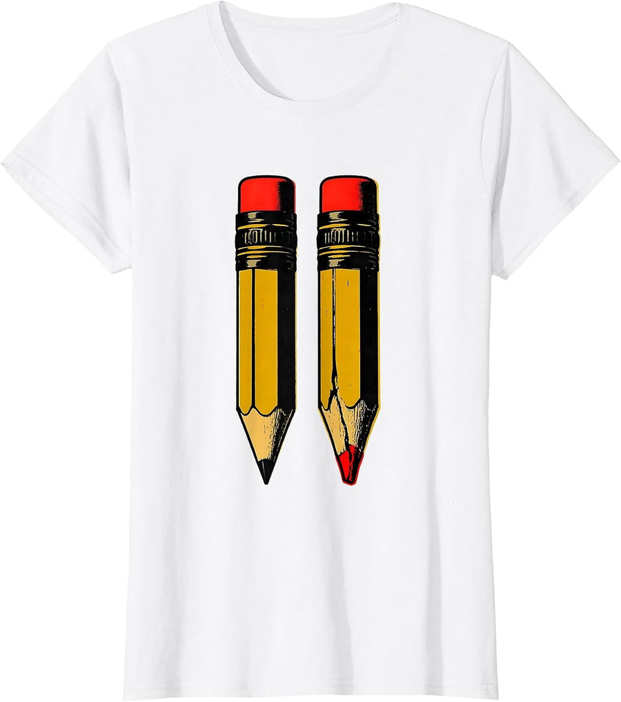 Women's Oversized Pencils Broken Tip Screenprint Teacher Humor T-Shirt - White