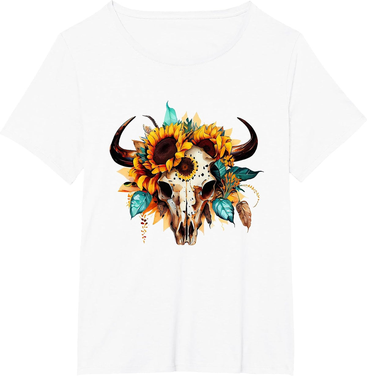 Boho Cow Skull Sunflower Vintage Western Aztec Cute Cowskull T-Shirt - White