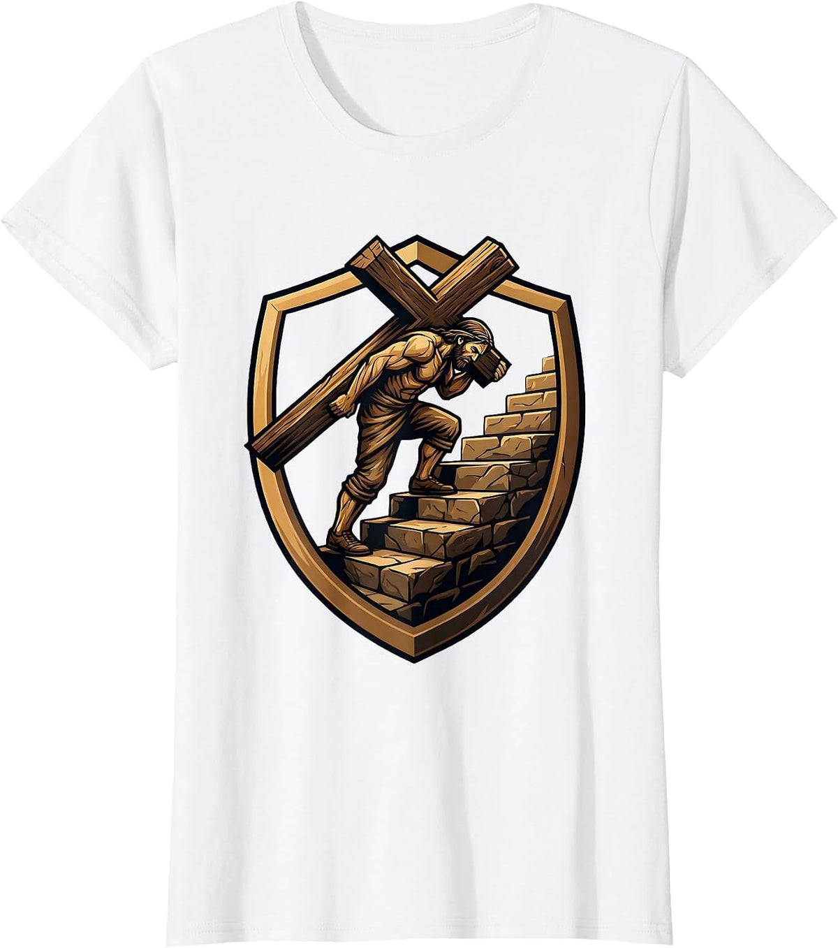 Carrying the Cross Up Stone Steps Christian Design T-Shirt - White