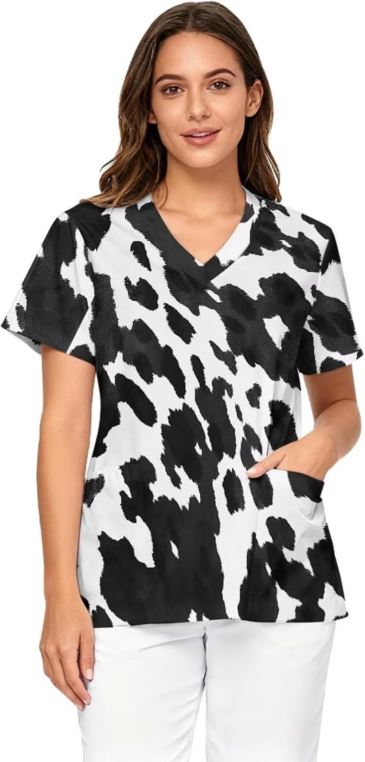 Scrubs for Women V Neck Medical Scrub Tops Size S - 5XL - Cow Spot