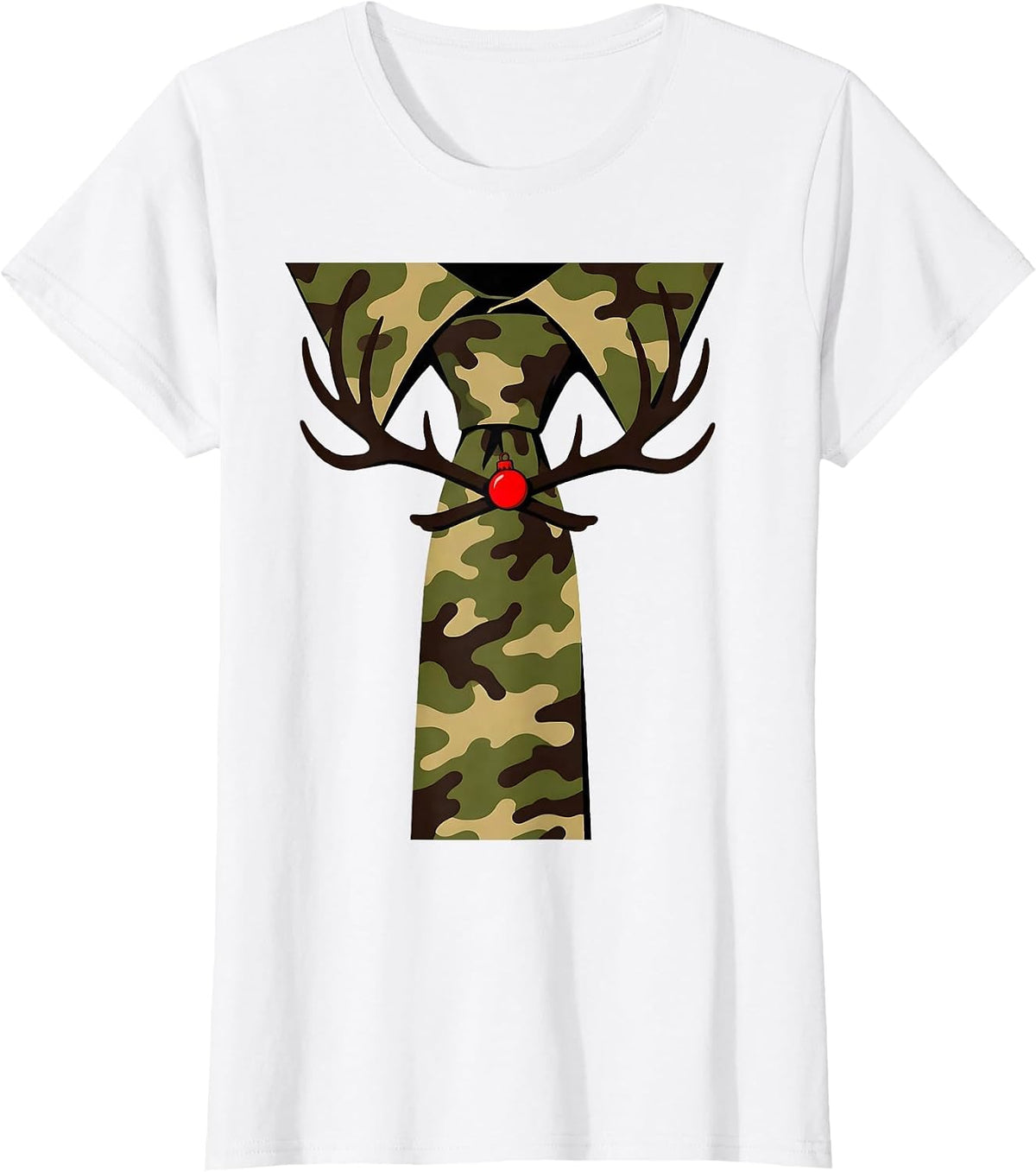 Women's Camo Necktie Deer Antler Christmas Hunting Gift T-Shirt - White