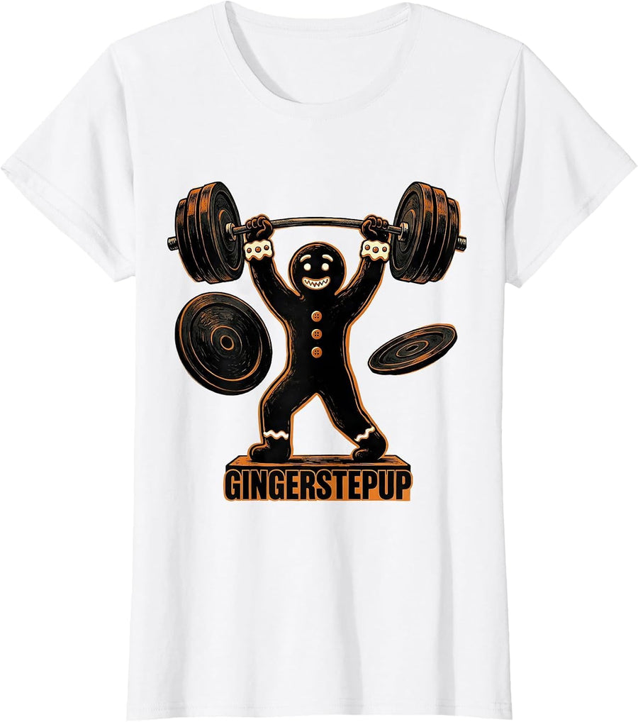 Women's Gingerstepup Funny Gingerbread Man Weightlifting Christmas T-Shirt - White