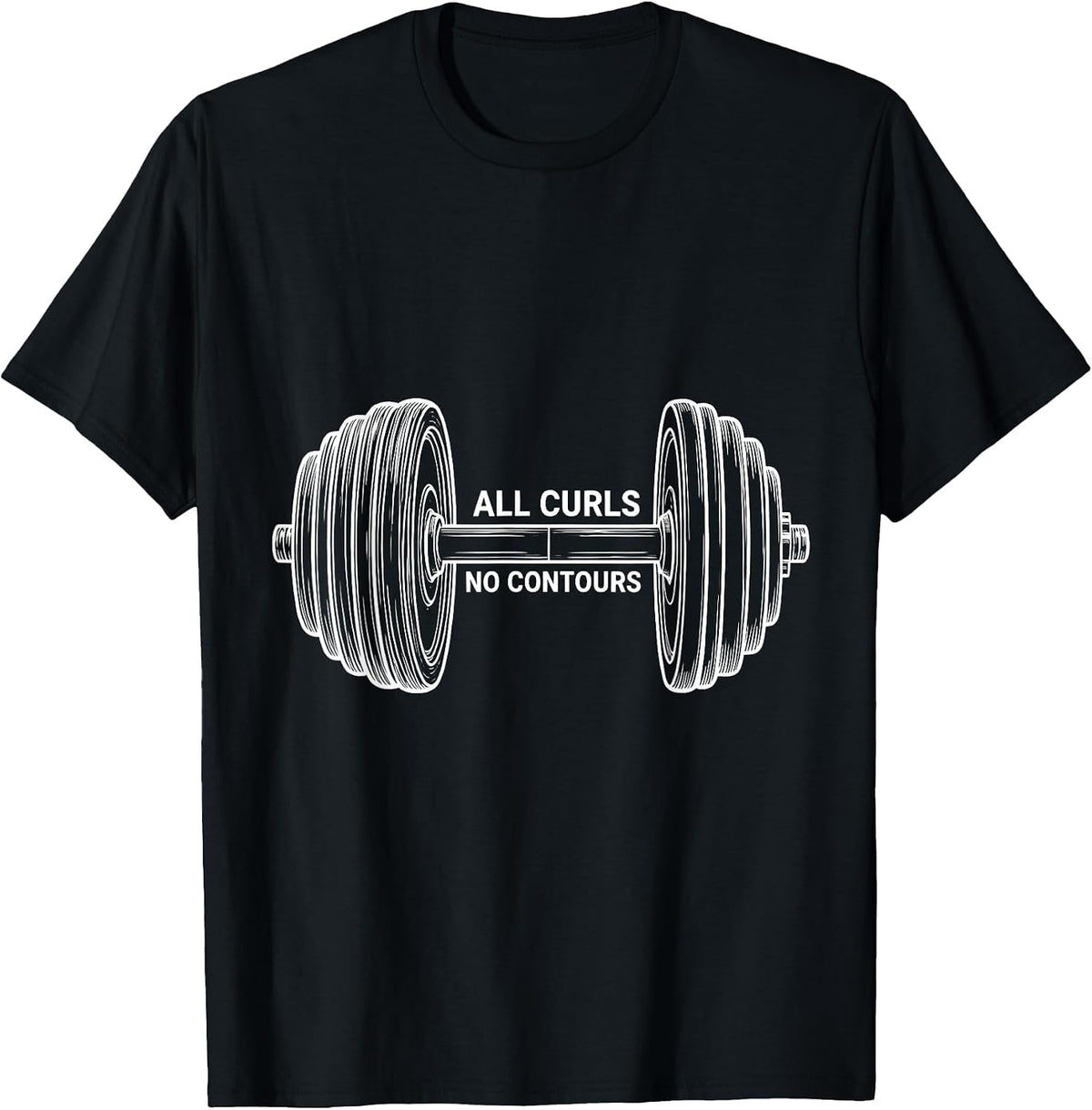 Men's All Curls No Contours Funny Gym Workout Weightlifting Humor T-Shirt - Black