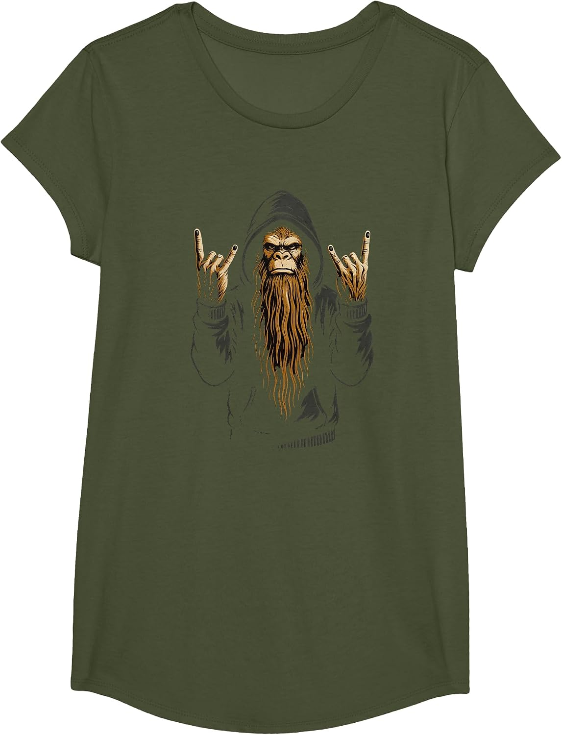 Rock On Bigfoot Sasquatch Funny Rocker, Rock and Roll Music T-Shirt - Girls Olive Green