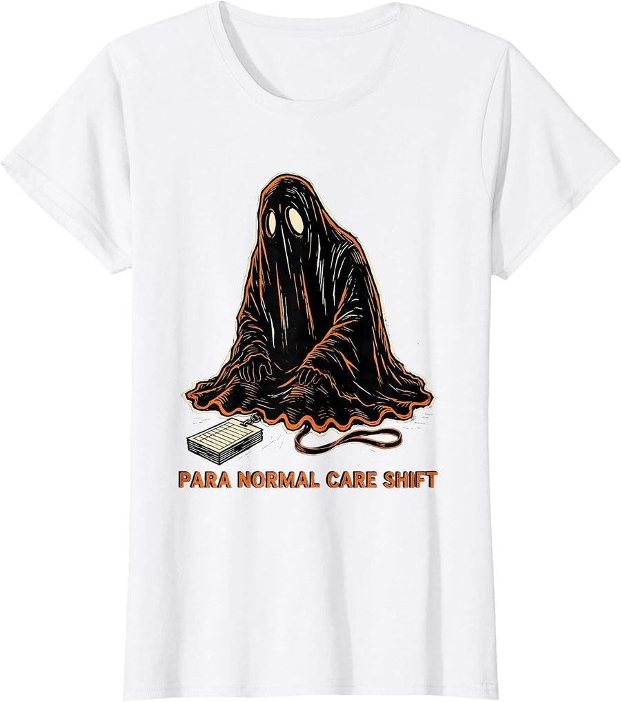 Women's Para Normal Care Shift Linocut Ghost Paraeducator Halloween T-Shirt - White
