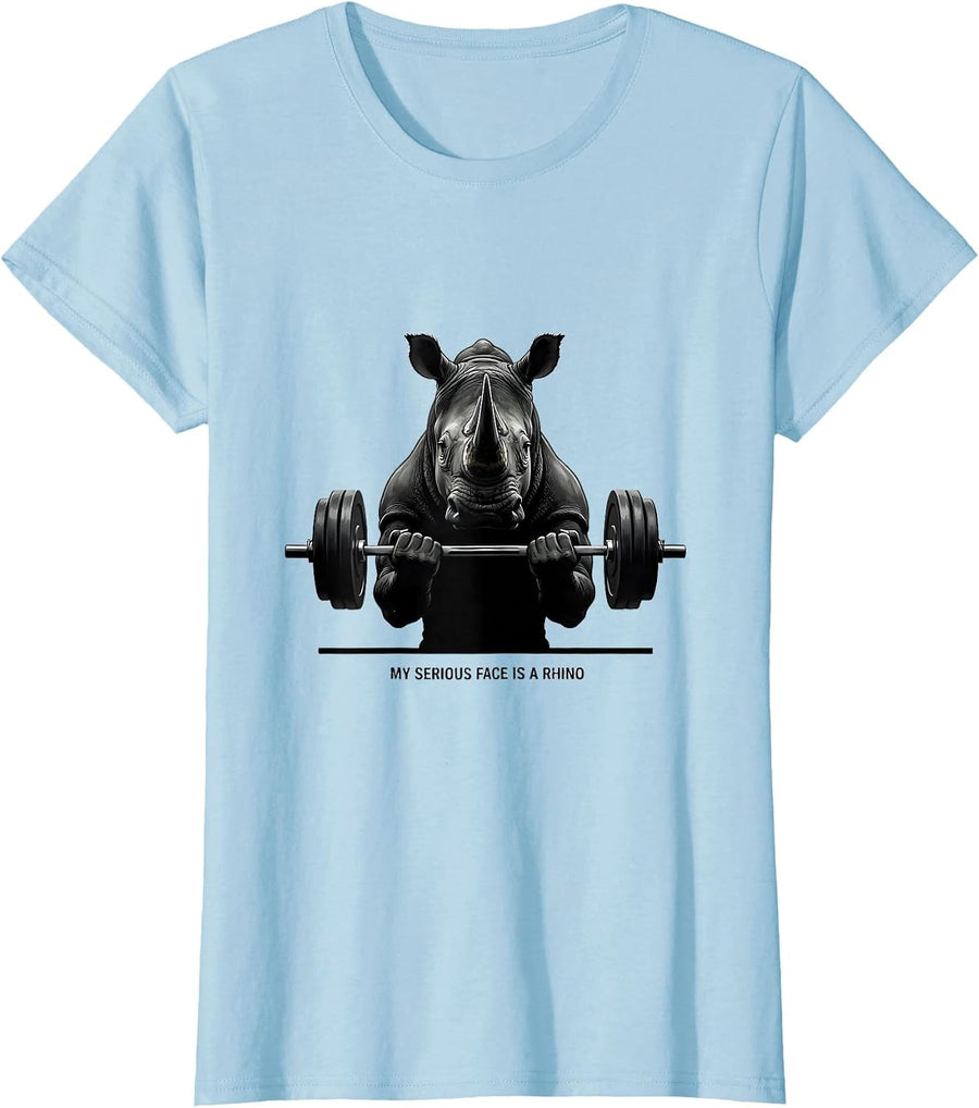 Women's My Serious Face Is A Rhino Funny Gym Weightlifting Workout T-Shirt - Baby Blue