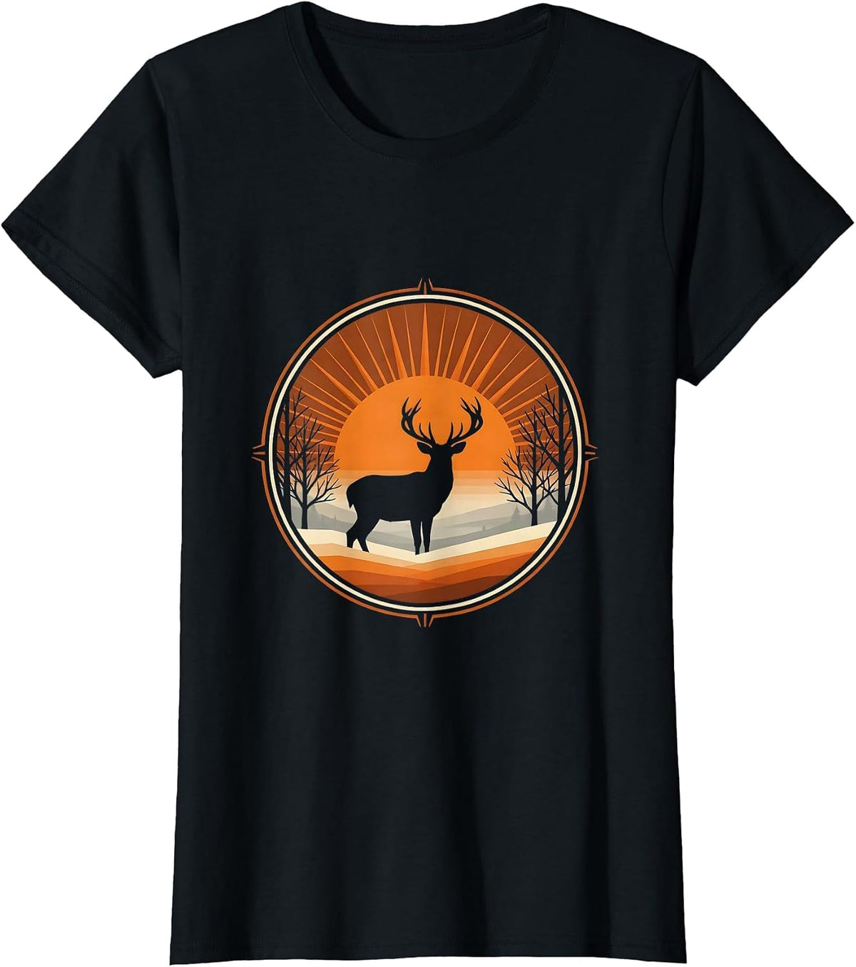 Buck Deer Silhouette Misty Dawn Hunting Design T-Shirt - Black