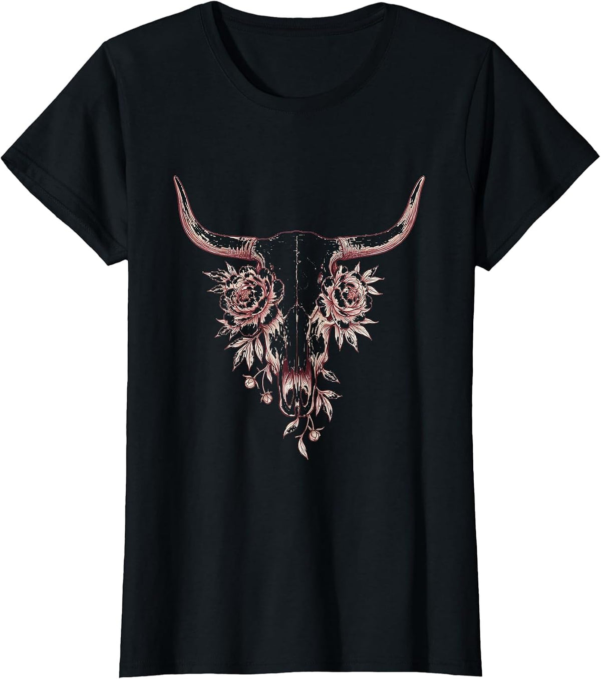 Women's Cow Skull Blooming Peonies Western Floral Design T-Shirt - Black