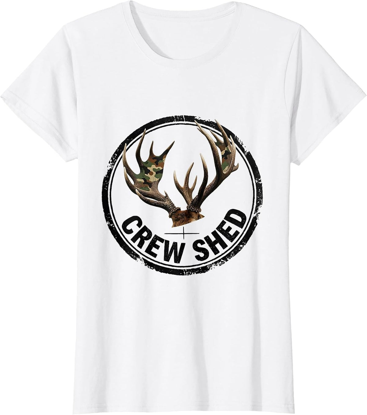 Women's Crew Shed Rubber Stamp Camo Deer Hunting Youth Humor T-Shirt - White