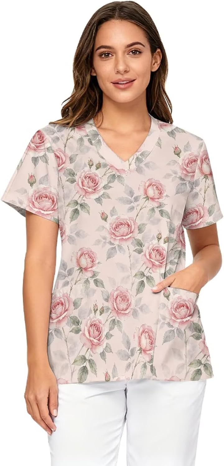 Scrubs for Women V Neck Cozy Scrub Tops Stretchy Short Sleeve Medical Nursing Uniforms Casual Nurse Shirt - Flower Leaf