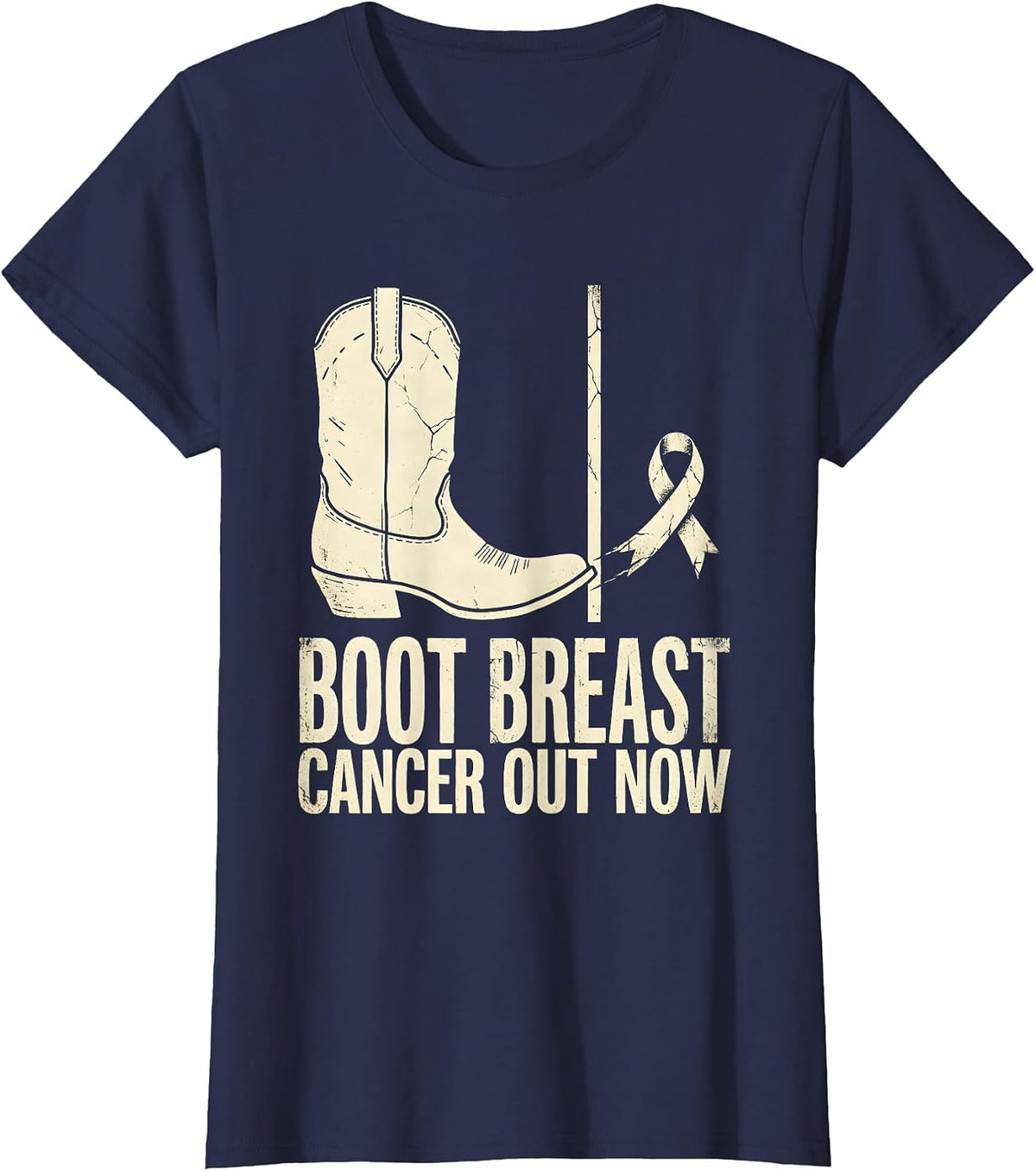 Women's Boot Breast Cancer Out Now Boho Western Cowgirl Awareness T-Shirt - Navy Blue
