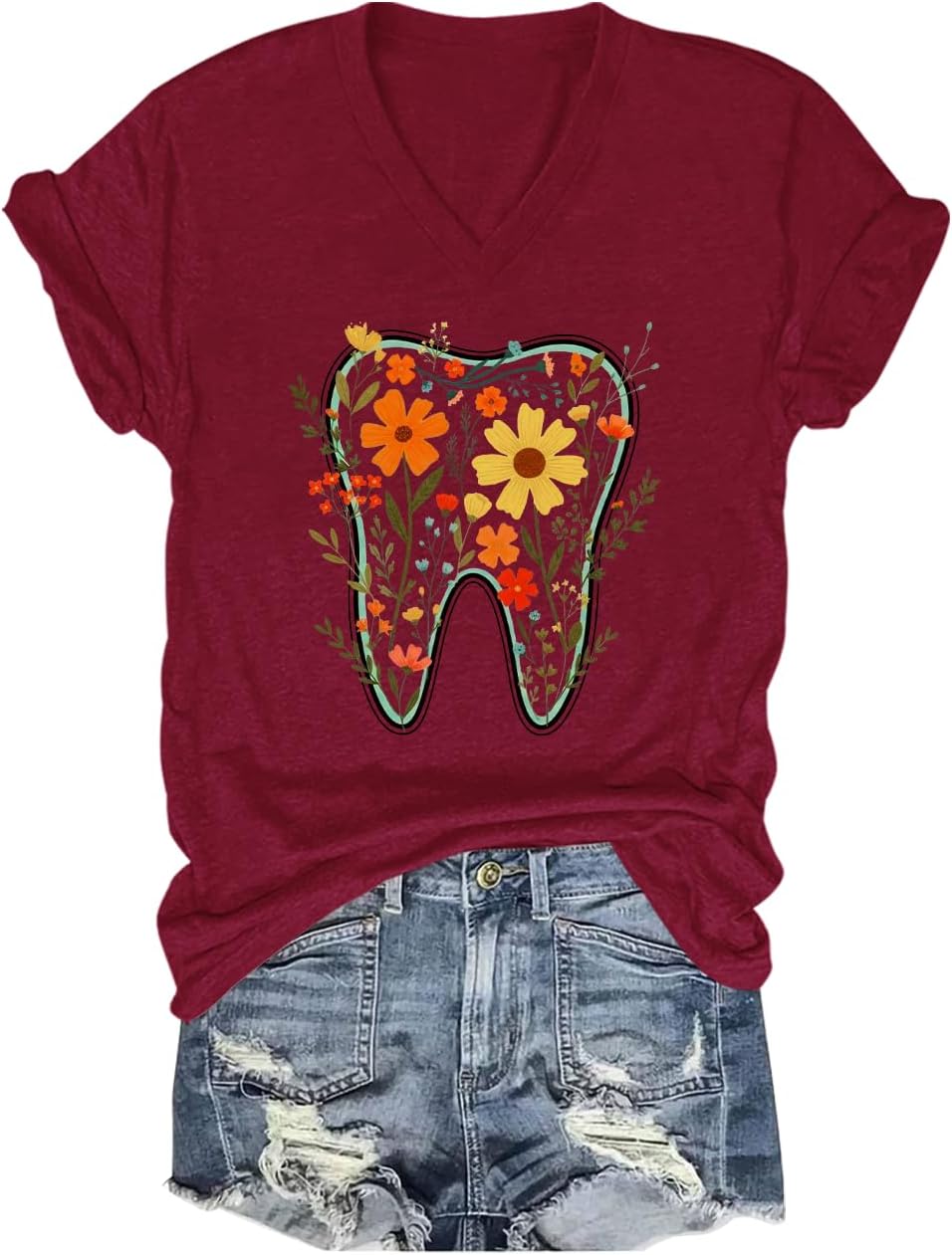 Floral Tooth Shirt V Neck Dental Assistant Shirt Dental Shirts for Women Funny Floral Graphic Tees Tops - V-Neck Claret-1
