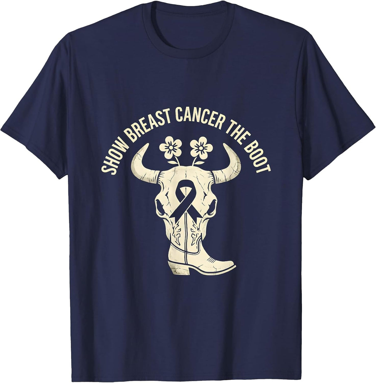Men's Show Breast Cancer The Boot Boho Western Cowgirl Awareness T-Shirt - Navy Blue