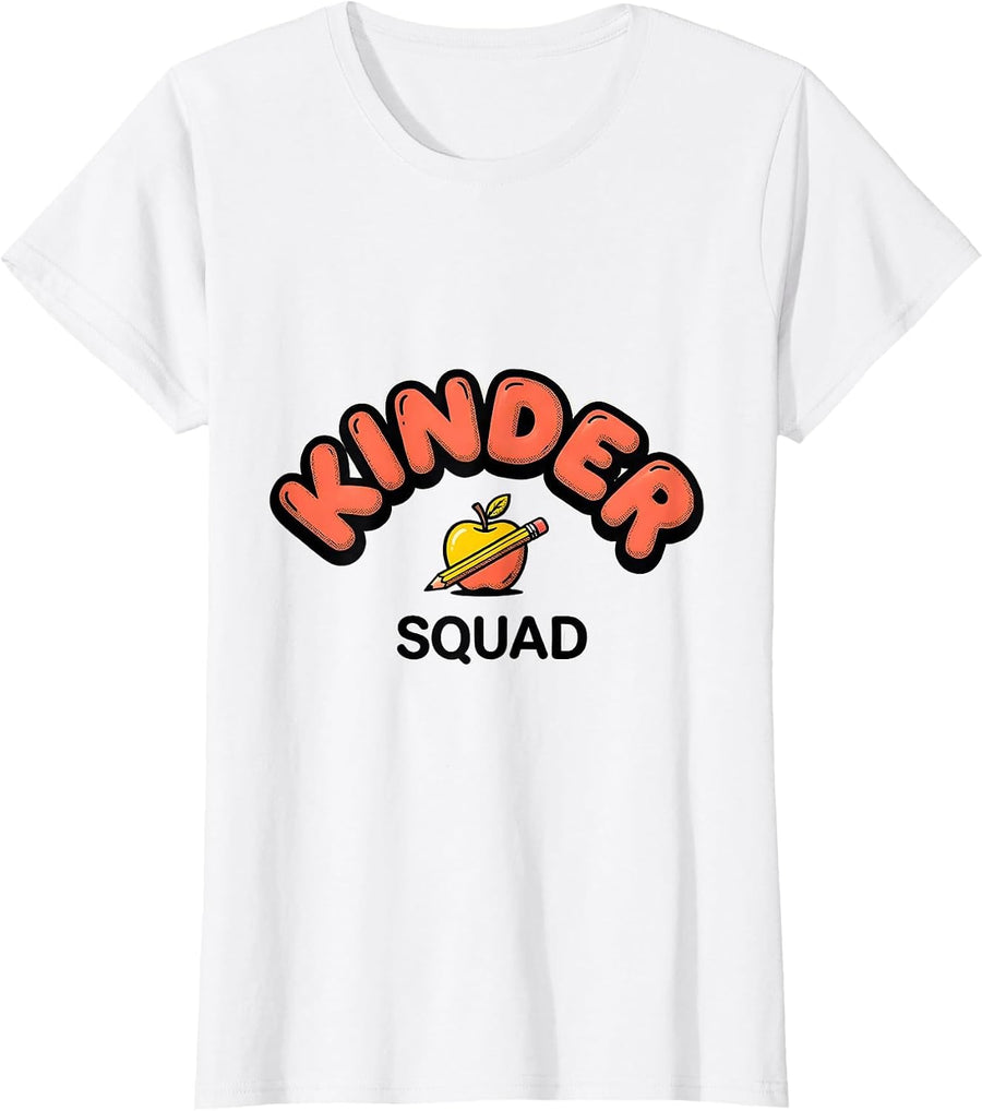Women's Kinder Squad Funny Preschool Teacher Back To School Crew T-Shirt - White