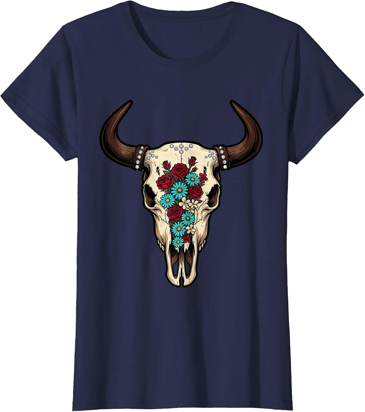 Women's Bull Skull Wildflowers Boho Western Floral Illustration T-Shirt - Navy Blue