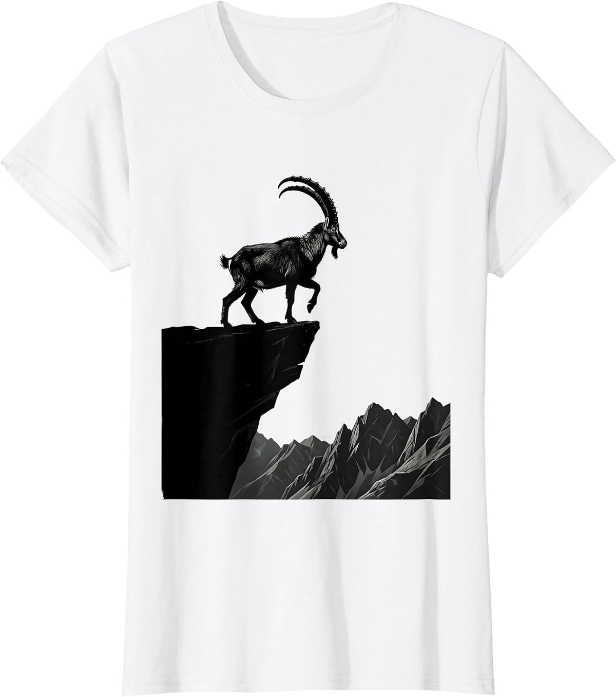 Women's Mountain Goat Cliff Edge Wildlife Illustration T-Shirt - White