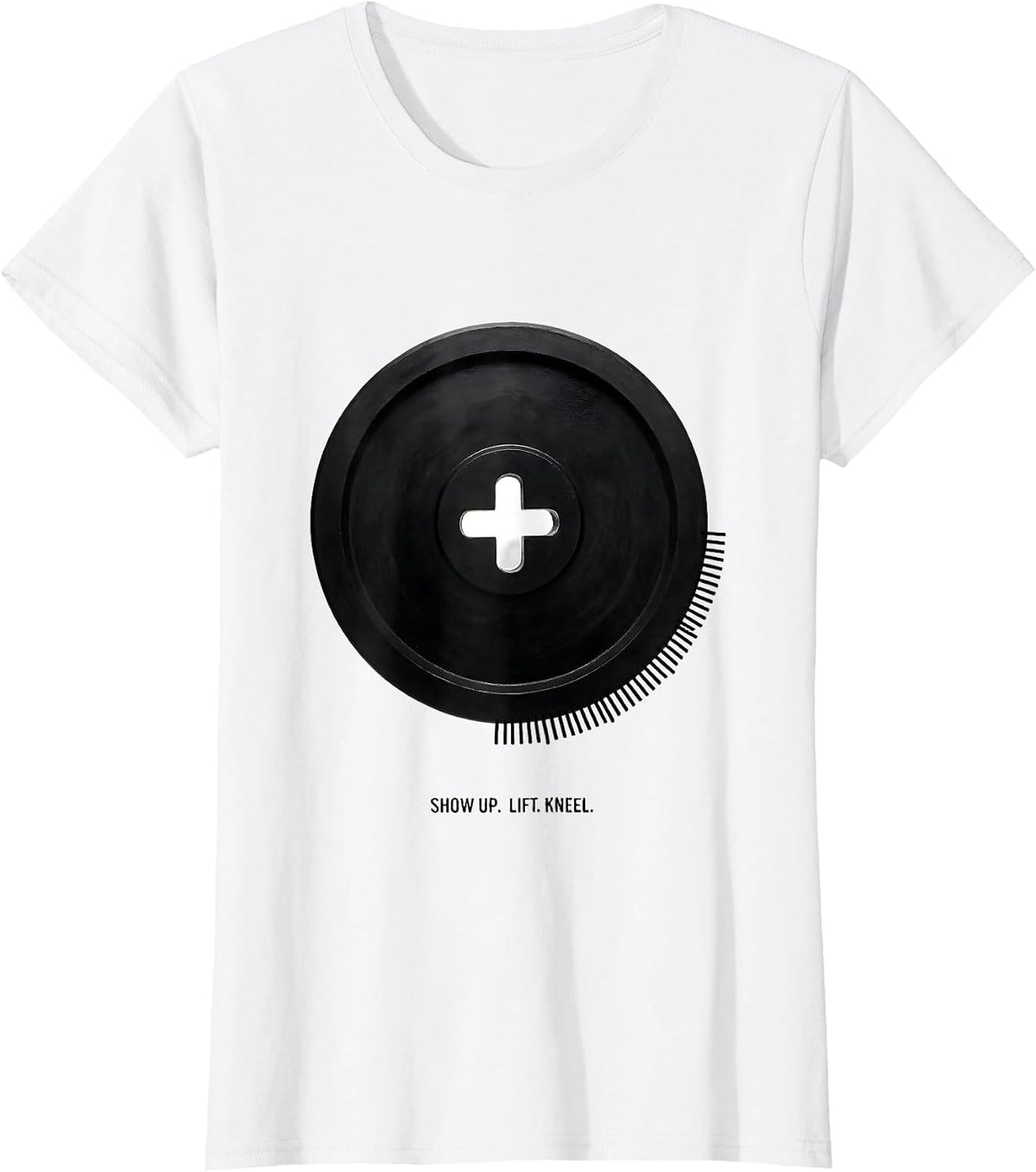 Show Up. Lift. Kneel. Minimalist Christian Gym Faith Workout T-Shirt - White