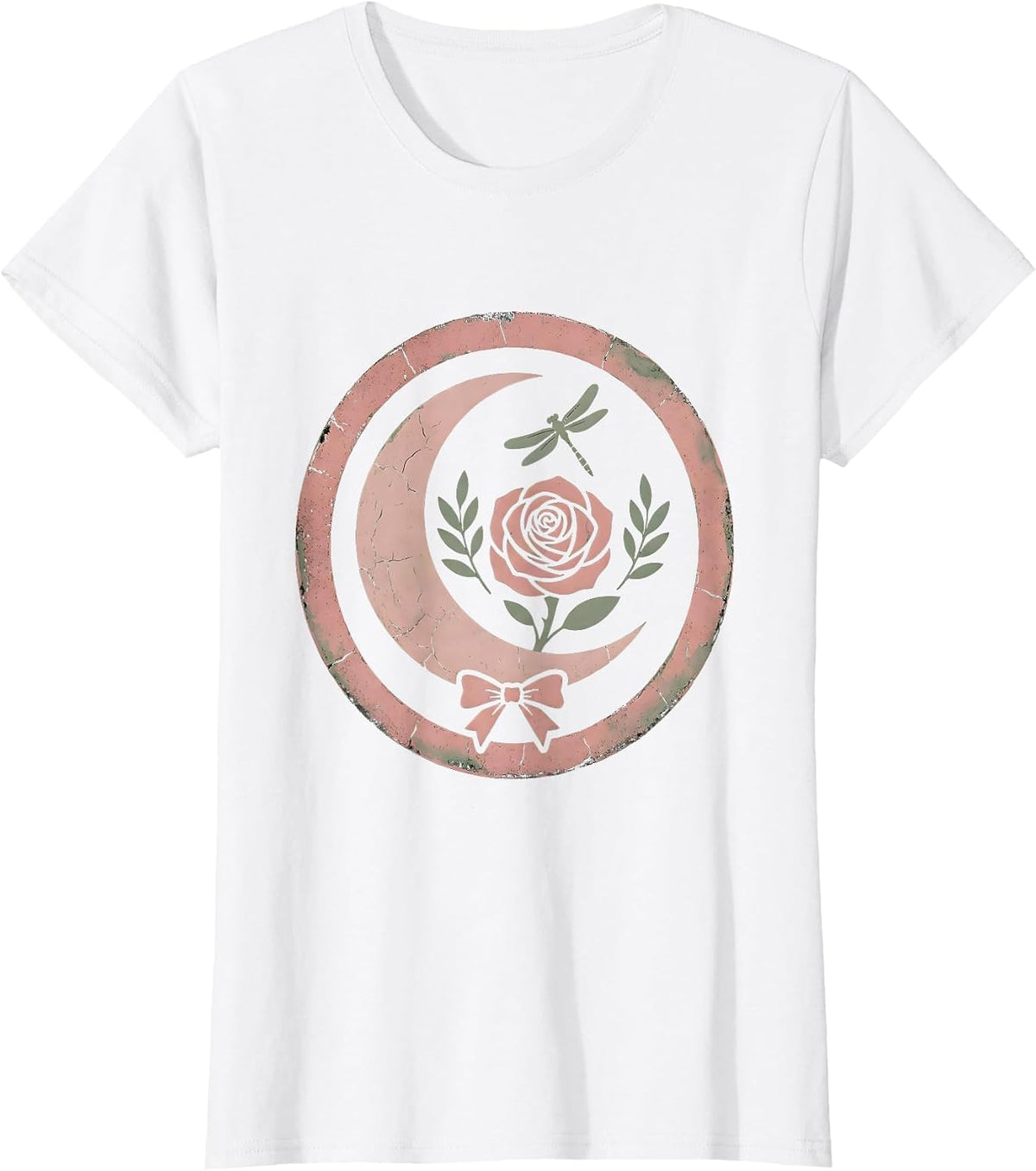 Women's Crescent Moon Rose Western Boho Graphic Design T-Shirt - White