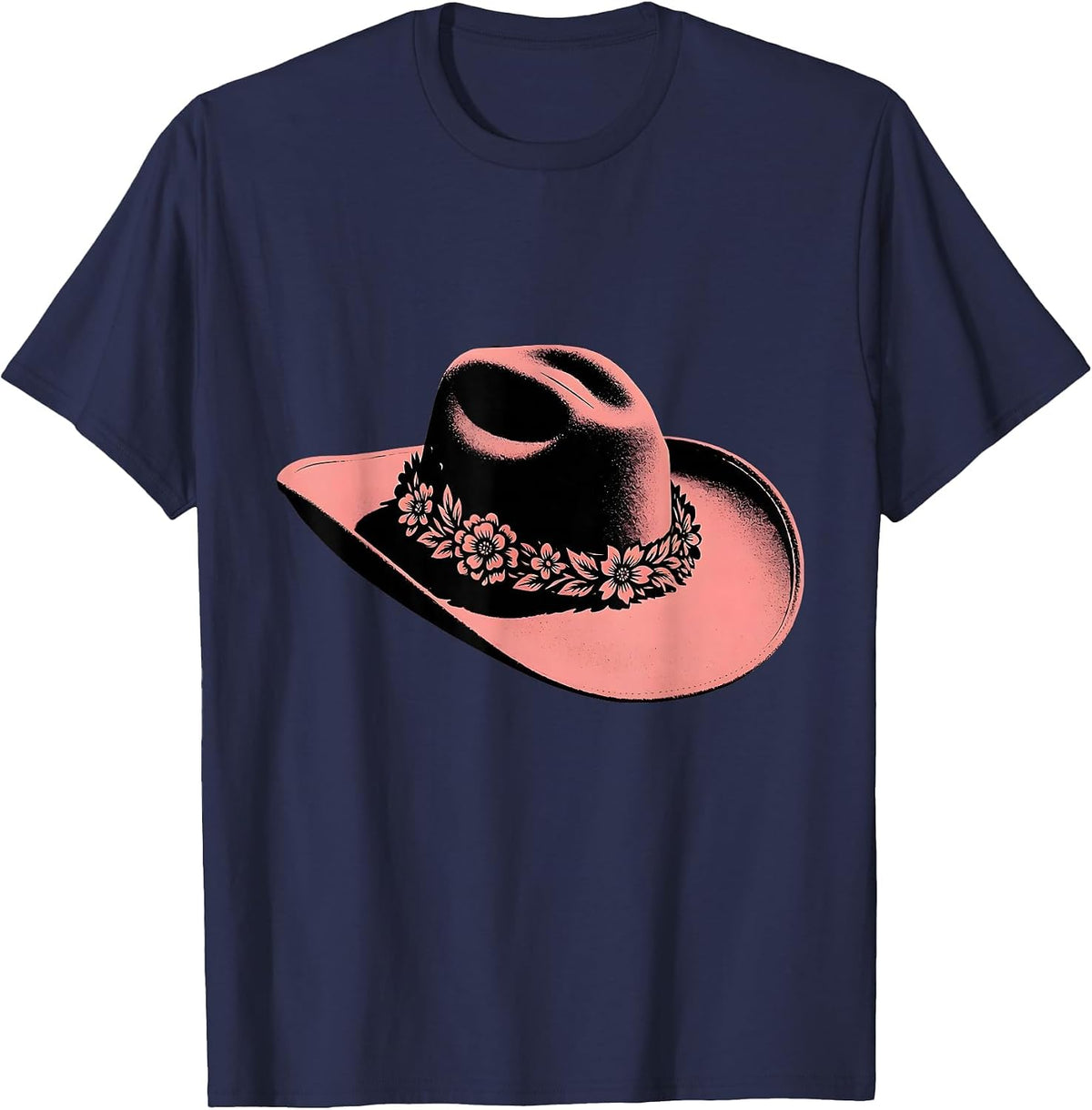 Floral Cowboy Hat Western Boho Illustration T-Shirt - Navy Blue