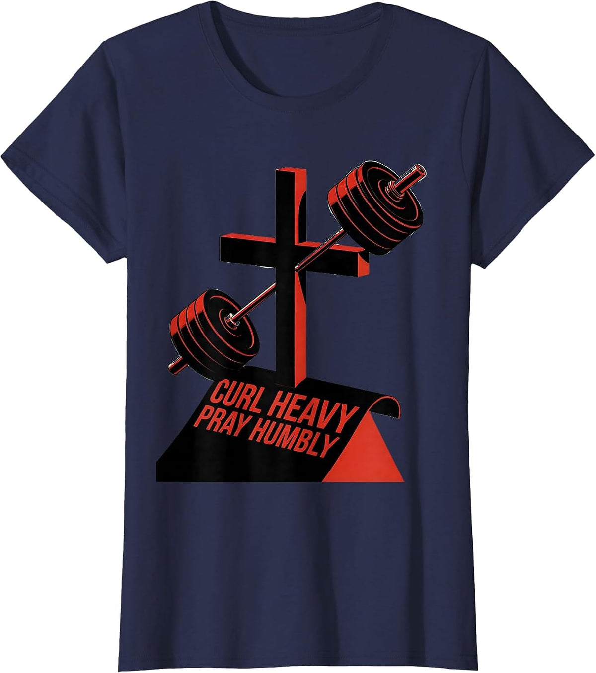 Women's Curl Heavy Pray Humbly Faith Motivation Christian Gym T-Shirt - Navy Blue
