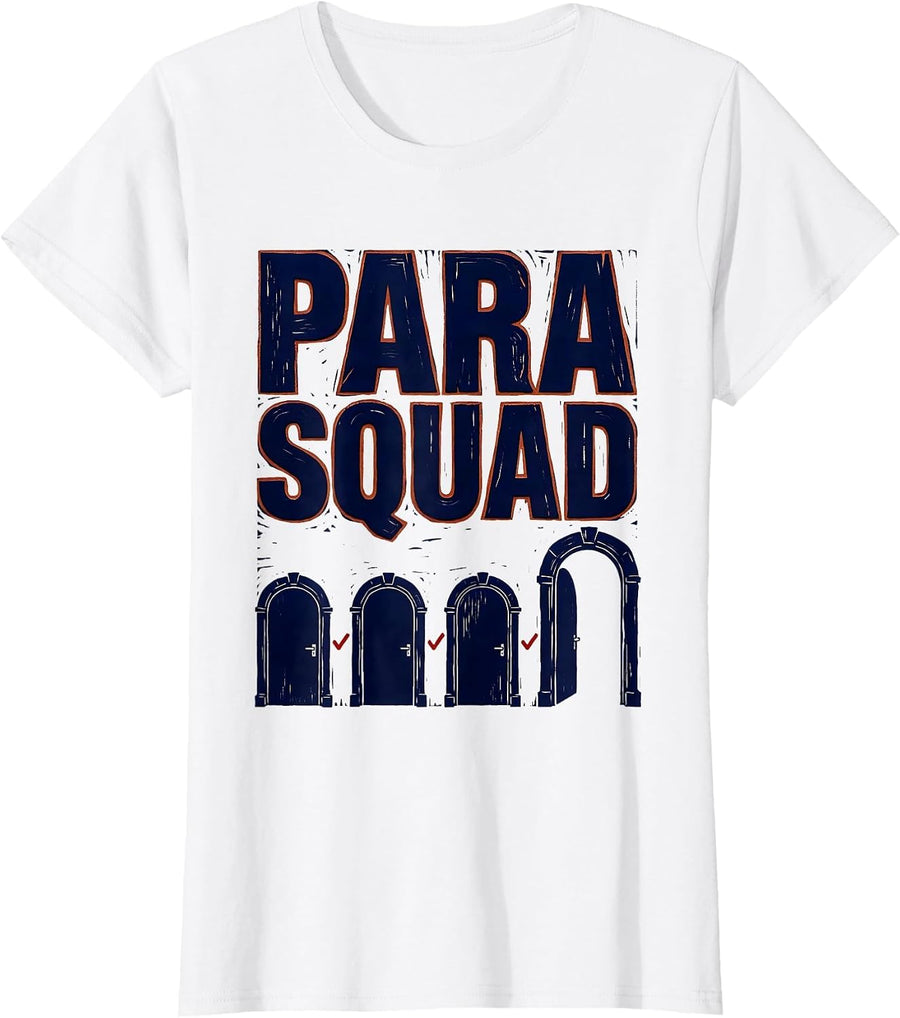 Women's Para Squad Linocut Teacher Paraeducator Appreciation Back T-Shirt - White