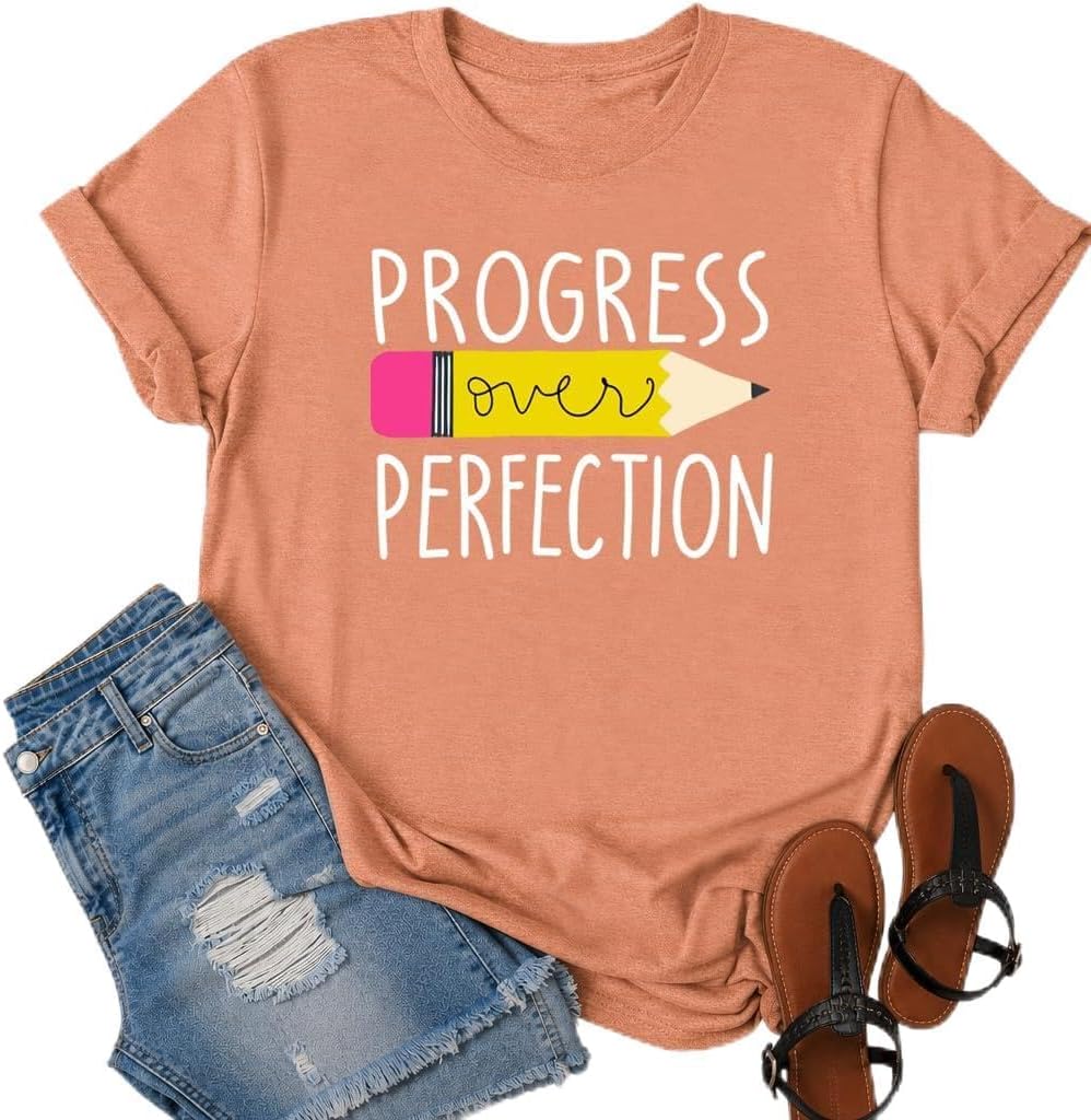 Teacher Shirts for Women: Progress Over Perfection Shirt Rainbow Teacher Graphic Tee Teaching Tops - Orange
