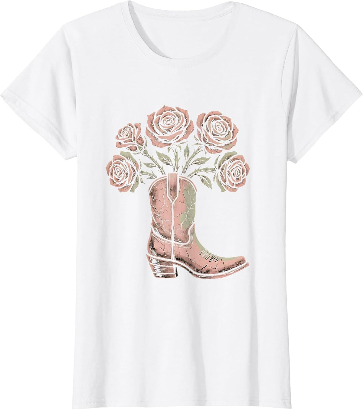 Western Boots with Roses Floral Illustration T-Shirt - White