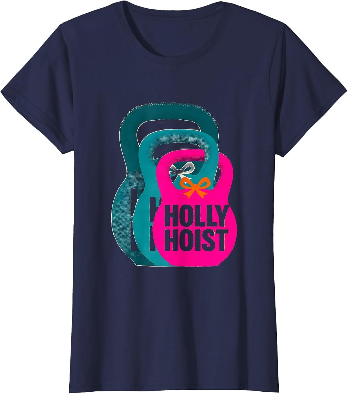 Women's Holly Hoist Risograph Christmas Gym Weightlifting Humor T-Shirt - Navy Blue