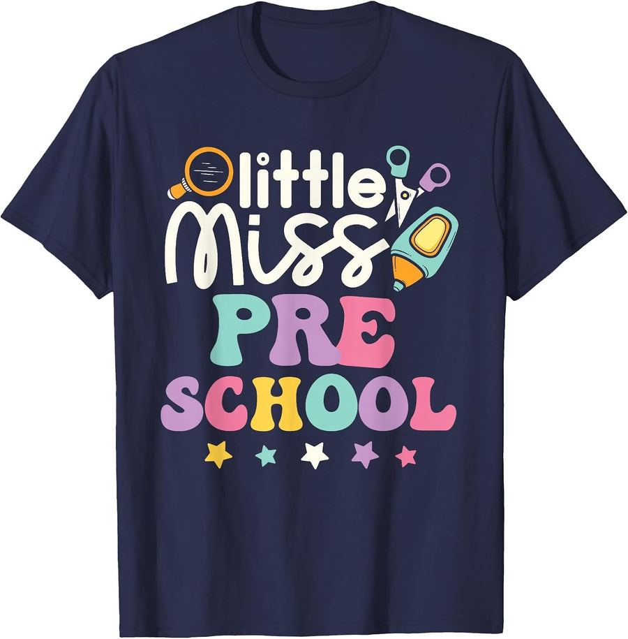 Little Miss Preschool Pre-K First Day Back to School Girls T-Shirt - Navy Blue