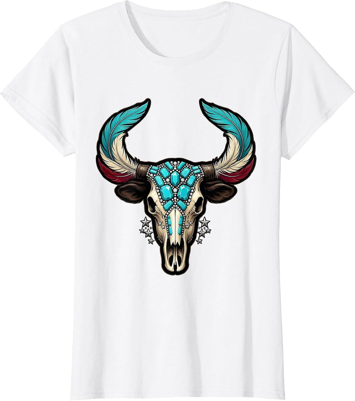 Women's Turquoise and Feather Cow Skull Cowgirl Design T-Shirt - White