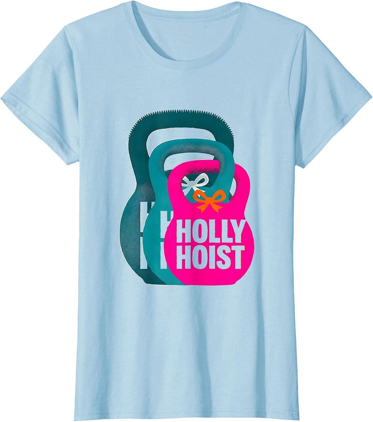 Women's Holly Hoist Risograph Christmas Gym Weightlifting Humor T-Shirt - Baby Blue